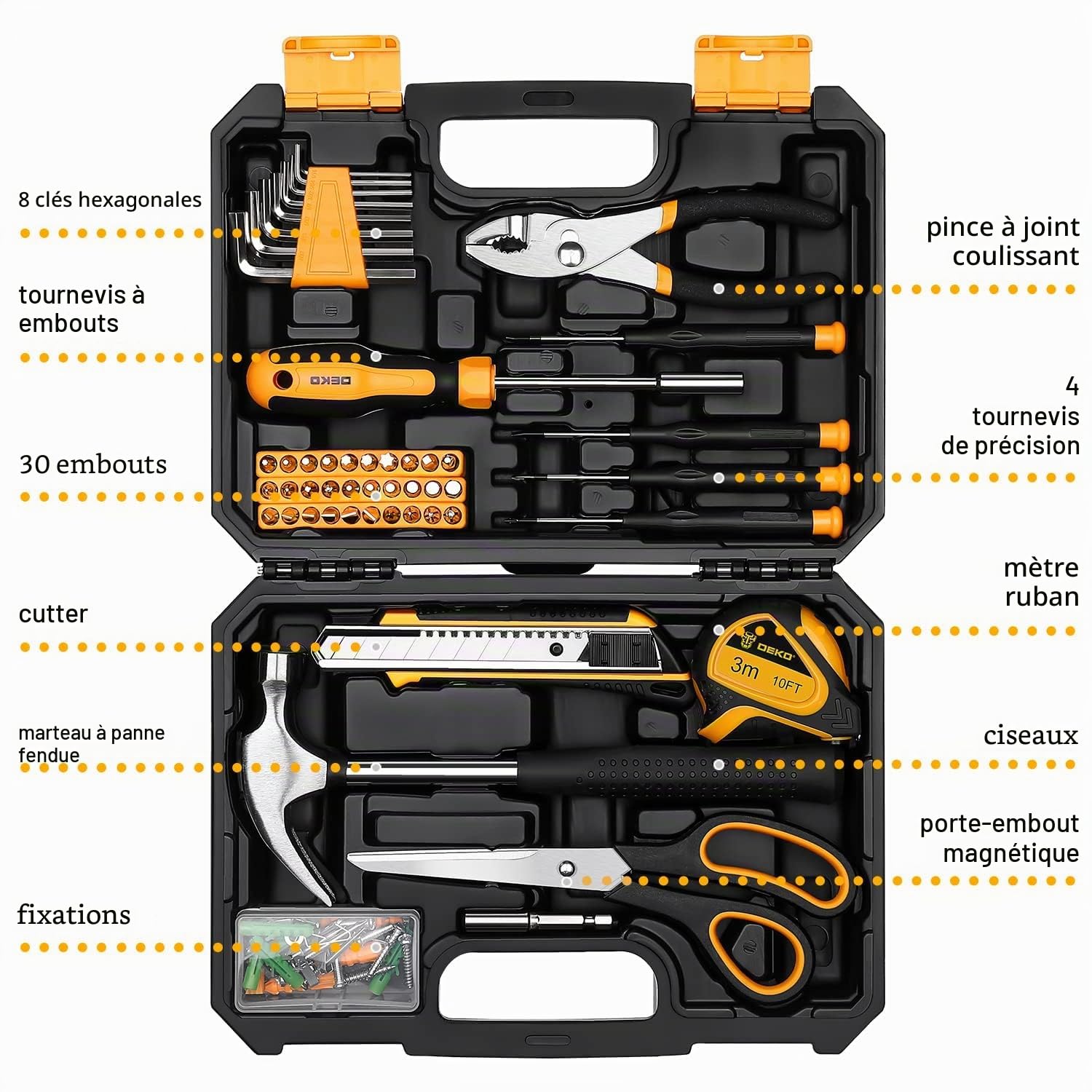 DEKOPRO Ensemble d'Outils à Main de 50 Pièces avec Boîte à Outils en Plastique - Malette Outils Pratique pour Tous vos Projets de Bricolage-Idéal pour Kit Outils Bricolage et Outils et Dépannage