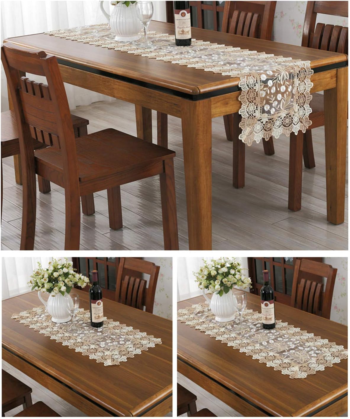 Lace Floral Embroidery Table Runner, Polyester Rectangle Transparent Dresser Scarf for Home Dining Room Tabletop Decoration, 16 x 78 Inches, Red