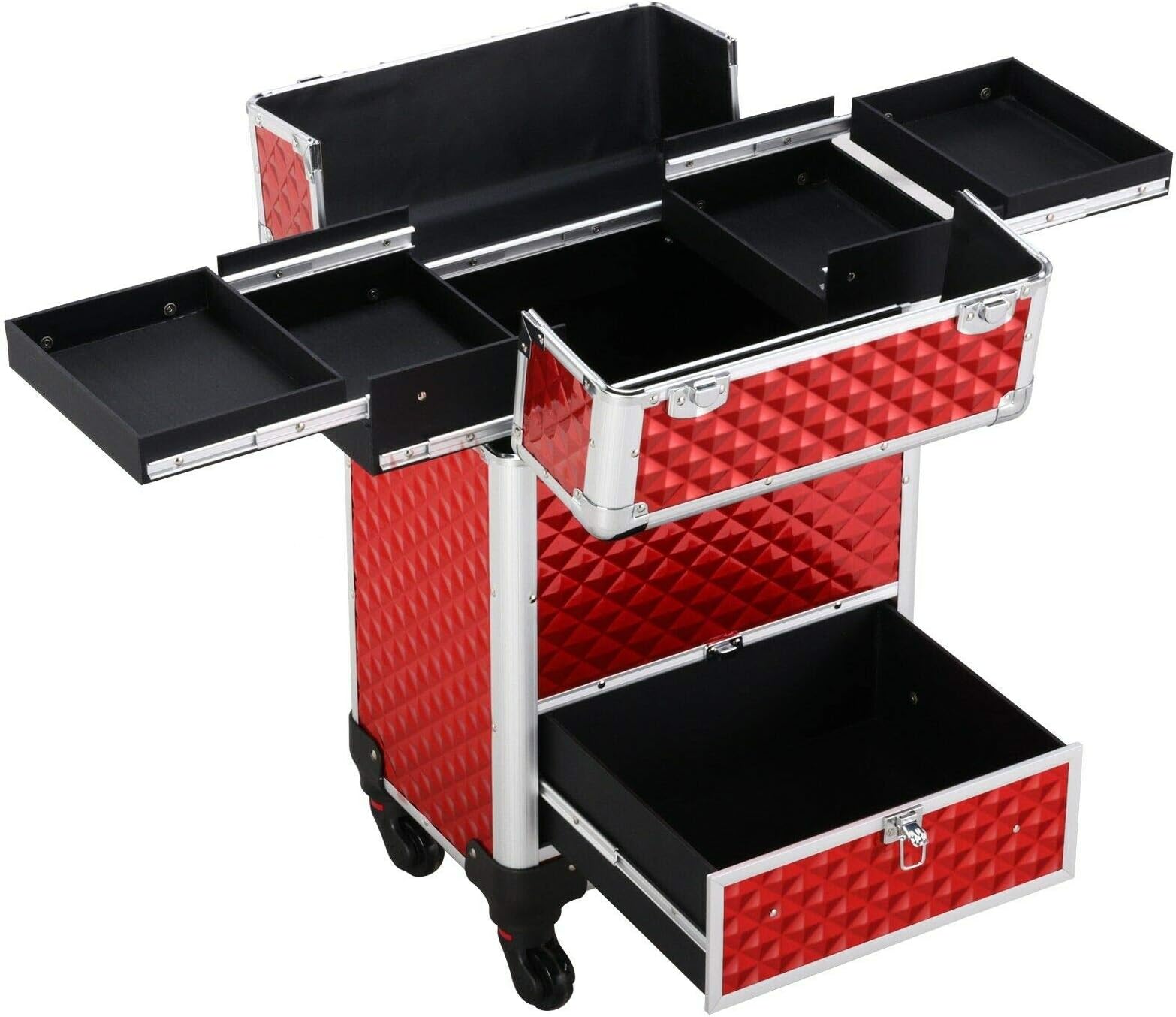 Aluminum Cosmetic Case Rolling Makeup Train Case - 360-Degree Rolling Wheels Barber Salon Lockable Travel Case Trolley with Sliding Drawers Removable Divider