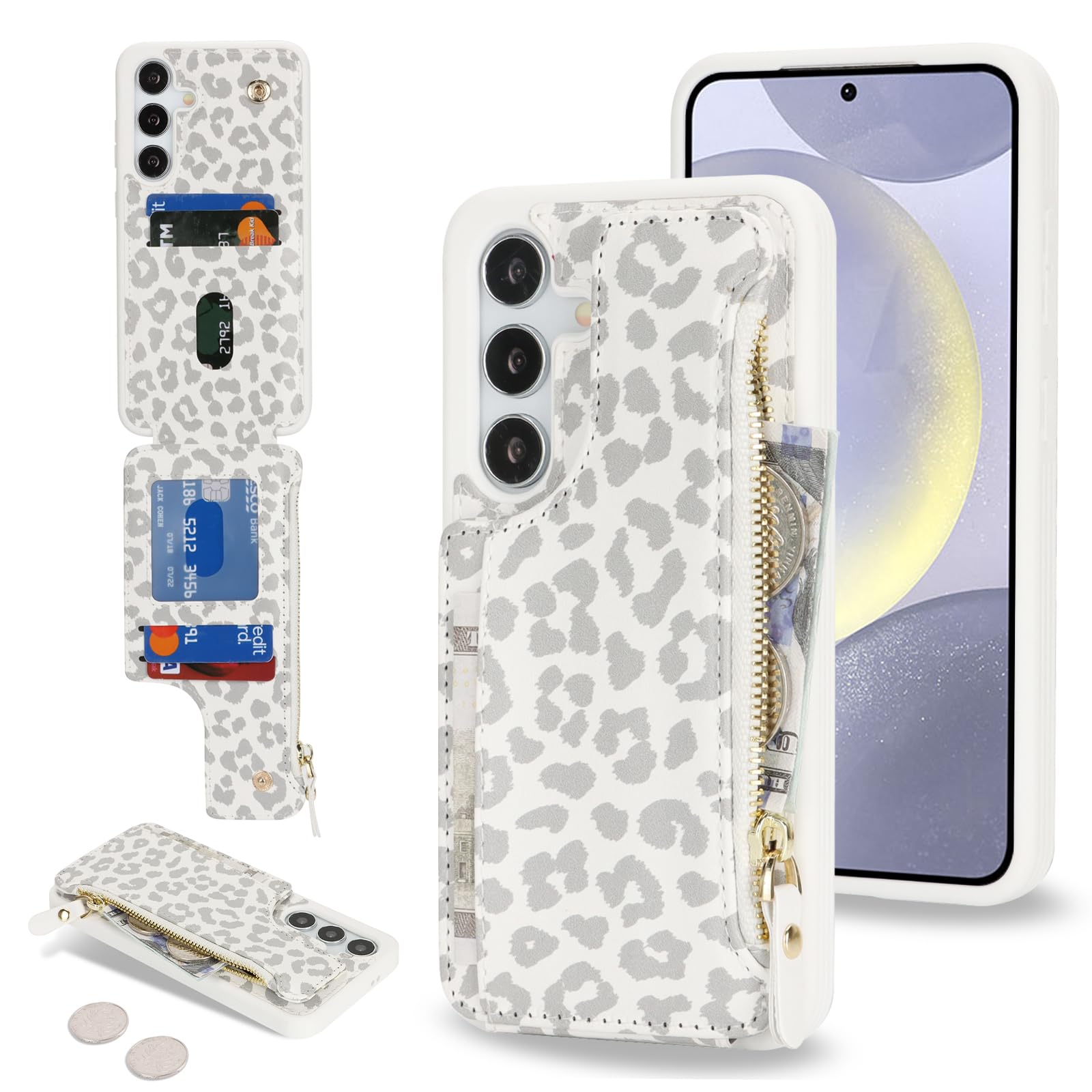 Cavor for Samsung Galaxy S24 Plus Case Wallet, for Galaxy S24 Plus Wallet Case for Women Men,Leather Zipper Pocket Card Slots Phone Cover-Leopard