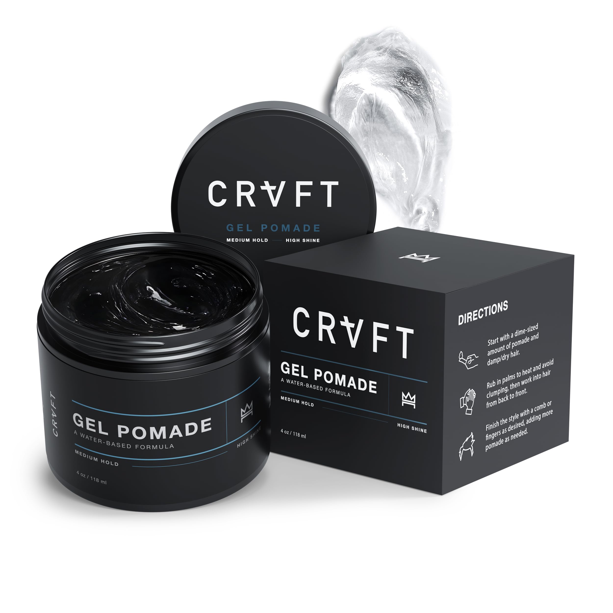 CRVFT Gel Pomade 4oz | High Shine/Medium Hold | Water Based/Water Soluble | Ideal For Short/Medium Thin/Thick Hair | For A Clean Cut Look | Men’s Styling Product [Clear], Stylist Approved [Scented]