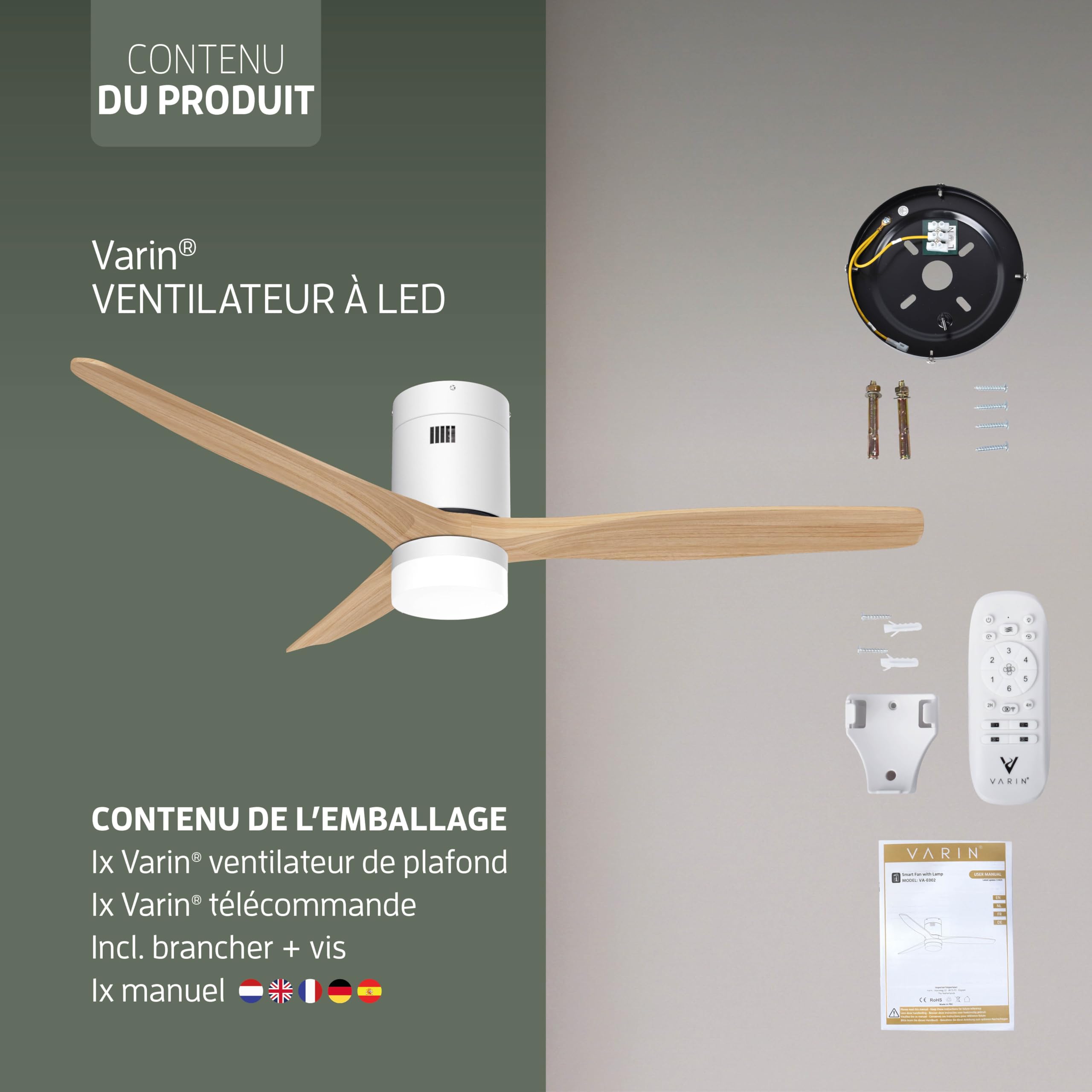 Varin® Ventilateur Plafond avec Lumiere Intelligent, Ø 132cm, Blanc/Bois