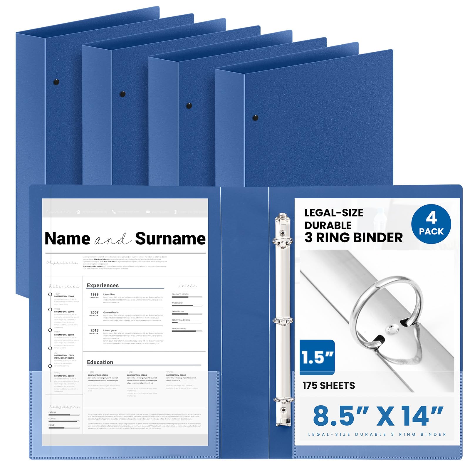 Henoyso 4 Pcs 8.5" x 14" Legal Size Binder, 3 Ring, 1.5 Inch, Navy Blue