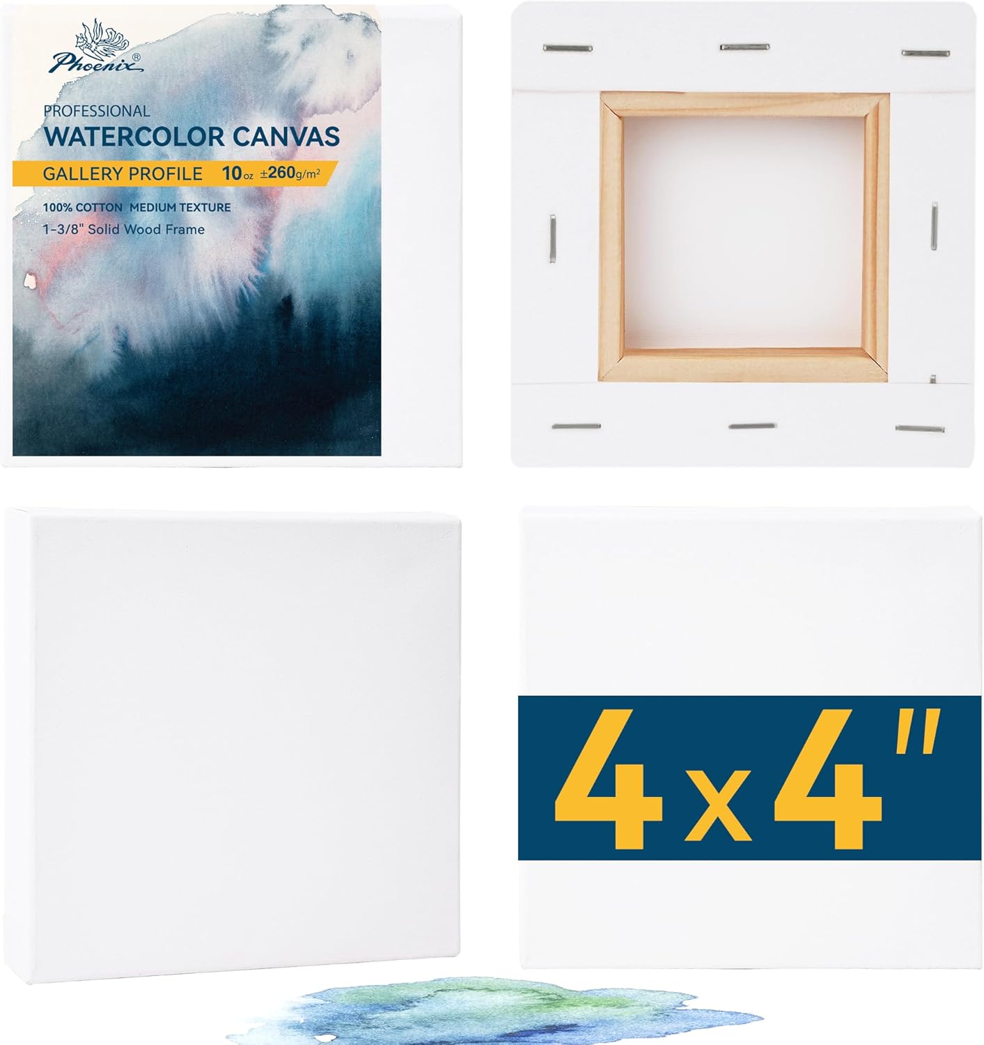 PHOENIX Gallery Depth Watercolor Canvas - 4x4 Inch/4 Pack, 1.5 in Deep 100% Cotton Water Color Square Canvases for Painting, 260g Medium Texture Canvas for Water Based Paints