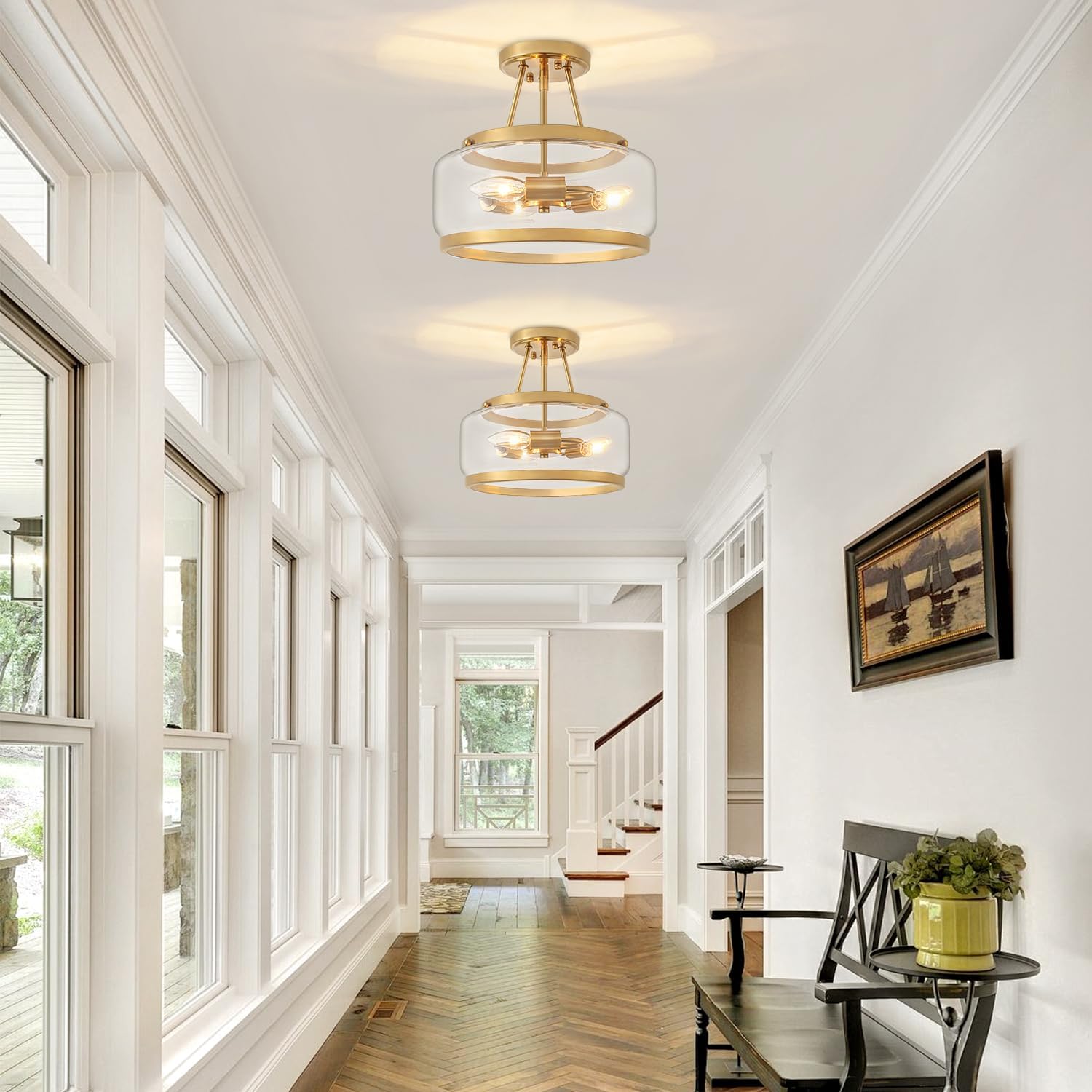 Brushed Gold Modern Ceiling Light Semi Flush Mount Hallway Lights Entryway Chandelier 3-Light Drum Glass Bathroom Ceiling Lighting Fixtures for Kitchen Foyer Bedroom Laundry Dining Room