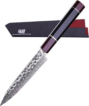 FINDKING 5 Inch Kitchen Utility Knife with ABS sheath, Multi-Purpose Japanese Paring Knife, Damascus Steel Blade, Resin Octagonal Handle, Small, for Fruits Vegetables Eternity Series