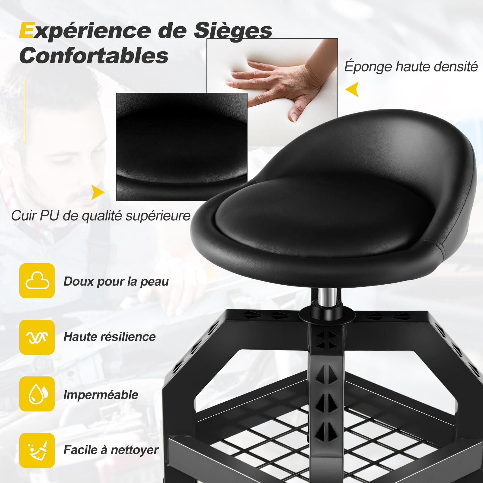 GYMAX Tabouret d'Atelier à roulettes, avec Porte-Outils, Siège Réglable en Hauteur 57-70cm et Pivotant à 360°, Rembourrage d'Éponge Confortable, pour Usine, Garage, Réparation, Mécanicien (Noir)
