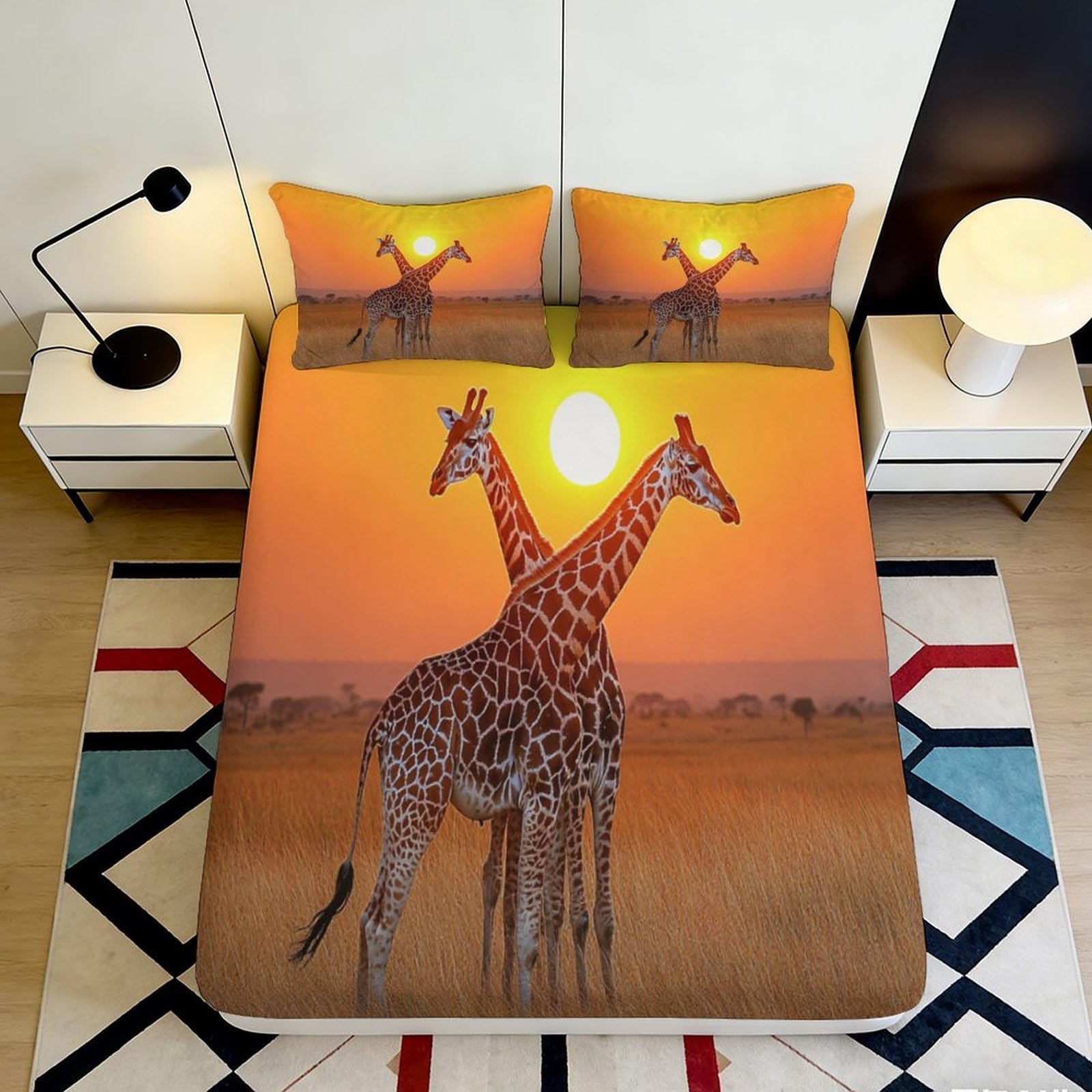 3D Printed Giraffe Sunset Fitted Sheet Microfiber Soft Durable Double Necked Giraffes Bed Cover for Bedroom Dormitory Guest Room Mattress Protection 160x200x25cm