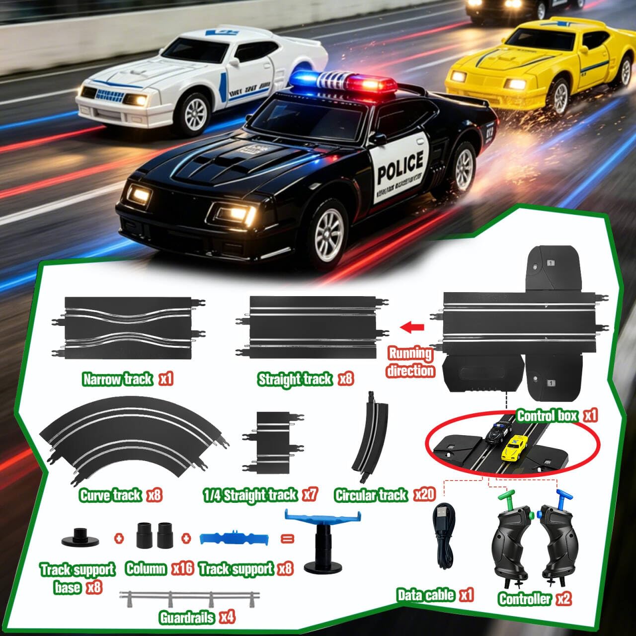 Autorennbahn, Kabellose Rennbahn Spielzeug mit 4 Slotcars, Doppelspur Rennstrecke & 2 Handreglern, Interaktives Familienspielzeug Geschenk für Kinder - 04