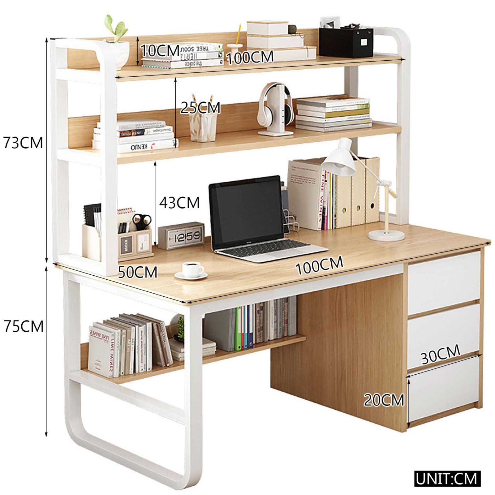 Stylowe biurko do pisania z 3 szufladami, z półkami do przechowywania, ergonomiczny stół do biura domowego do laptopa i gabinetu, 100 cm, naturalne wykończenie, oszczędność miejsca do małych