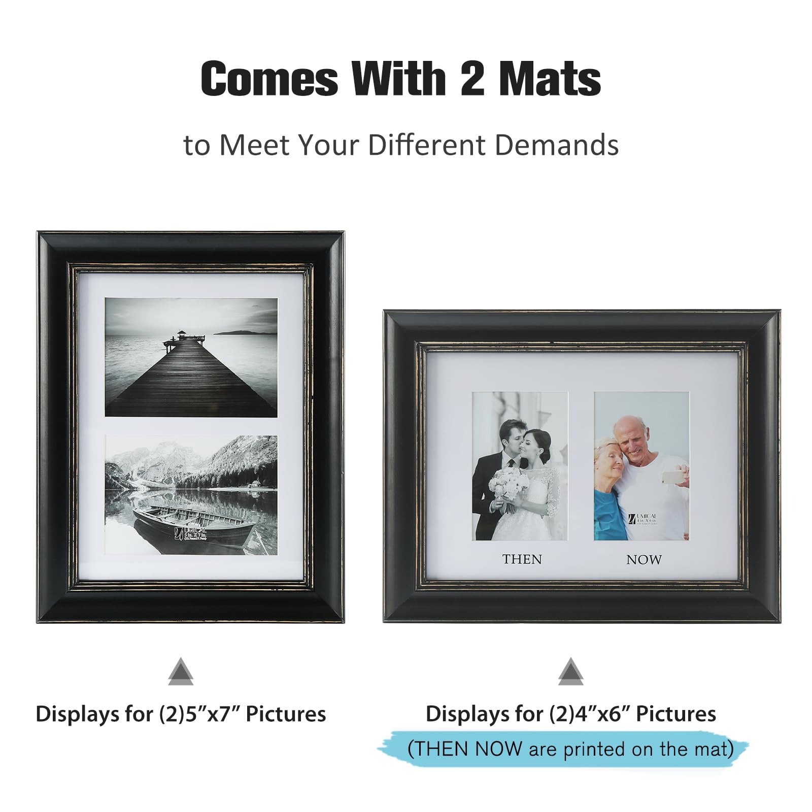 UMICAL 5x7 Collage Picture Frame Matted 2-Opening Vintage Style Distressed Look Black Wood Photo Frames with 2 Mats for Tabletop and Wall Mounting Display