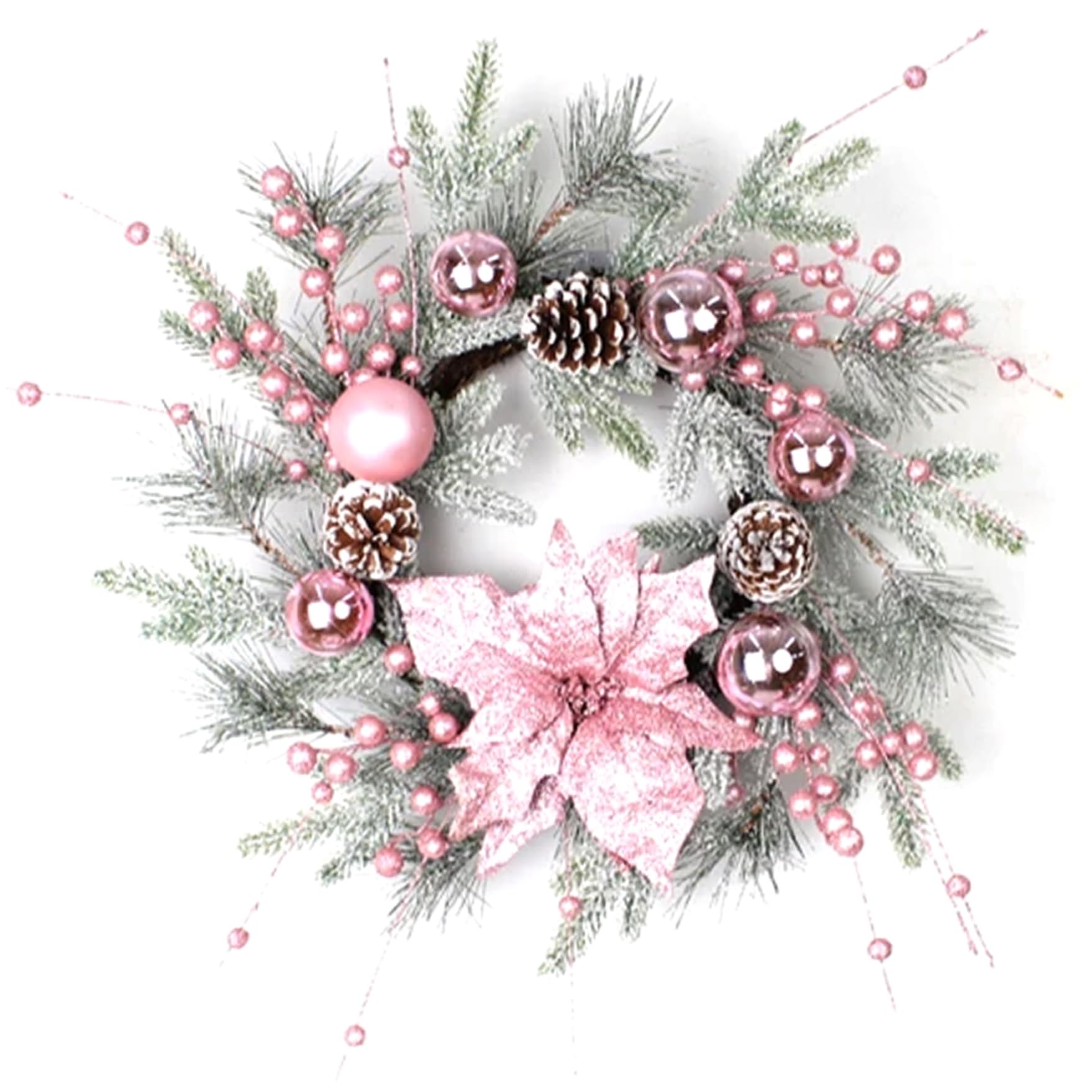 Weihnachtskranz, 50, 8 cm, künstliche Weihnachts-Türdekoration, Kranz mit Tannenzapfen, Kugeln, Tannennadeln und roten Beeren für Tür, Fenster, Outdoor, Heimdekoration
