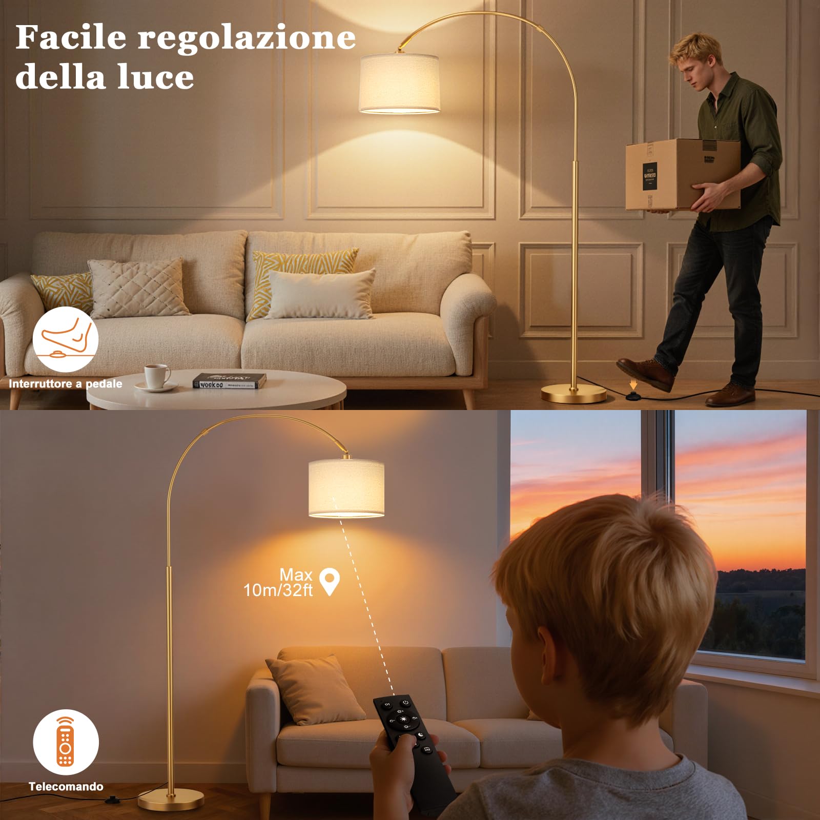 Lampadaire sur Pied Salon, LED E27 Lampe a Pied avec Télécommande, Lampadaire Arc Vintage, 3000K-6000K Intensité Variable pour Salon Chambre Bureau, Abat-jour Beige et Socle Doré, 180cm