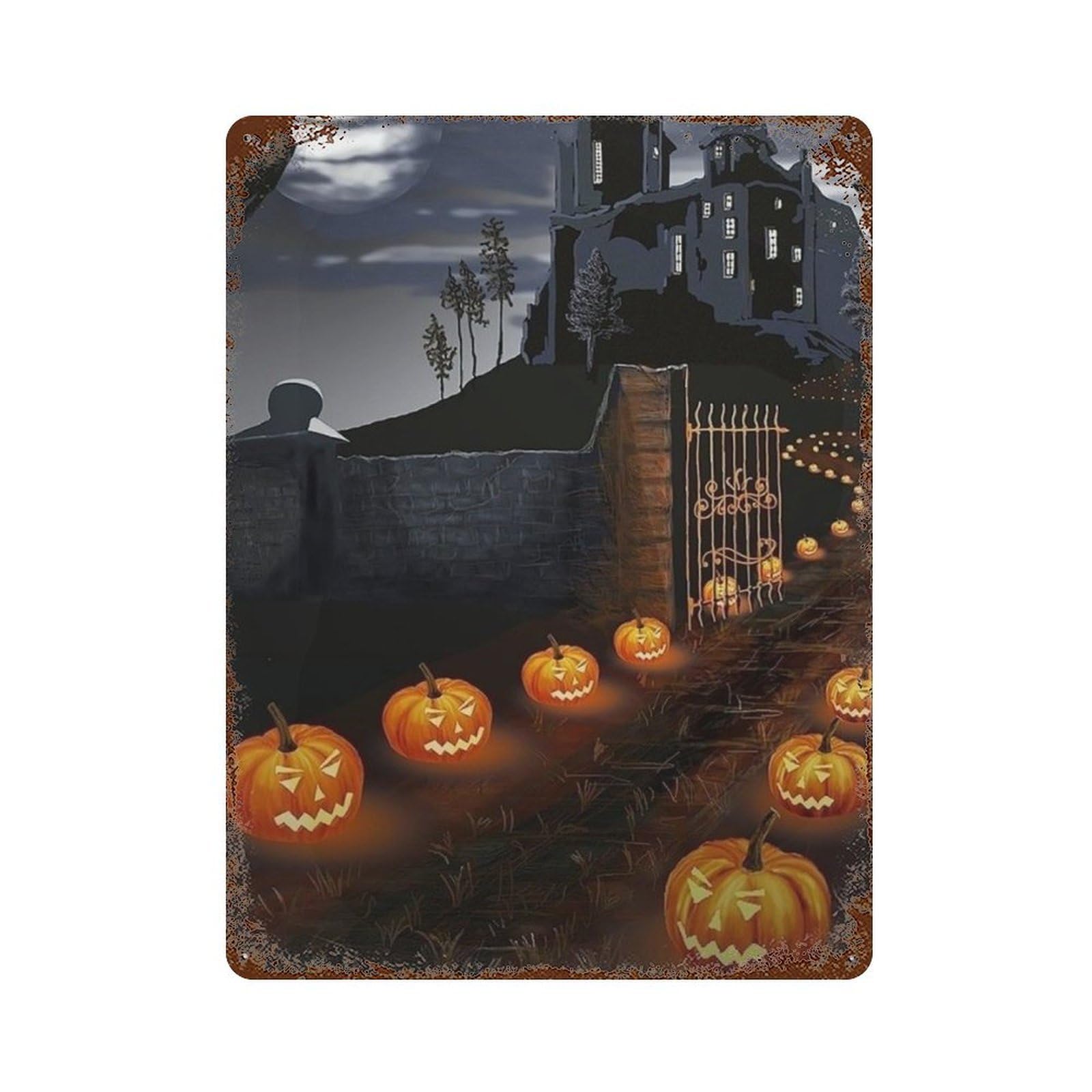 Halloween Castle Pathway Scene 15.7"x11.8" Retro Metal Sign, Vintage Wall Decor for Office, Studio And Wall Decor