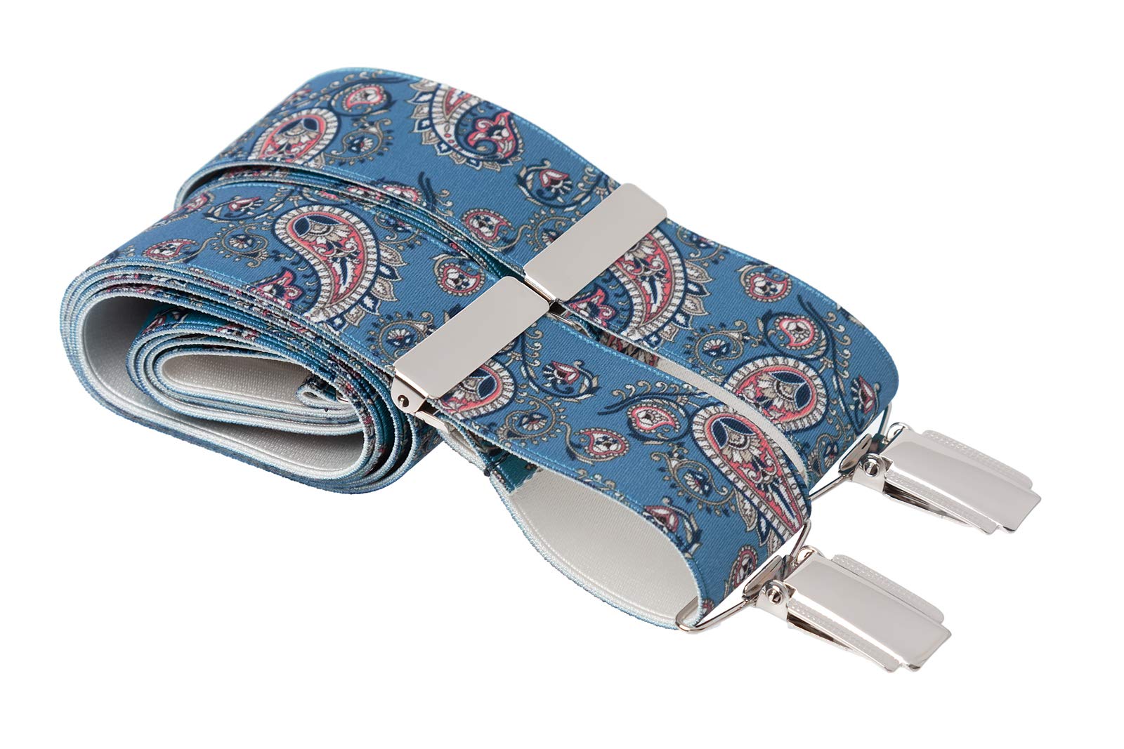 Blue and Pink Paisley Patterned Trouser Braces X back 35mm 4 Silver Clips 44 Inches