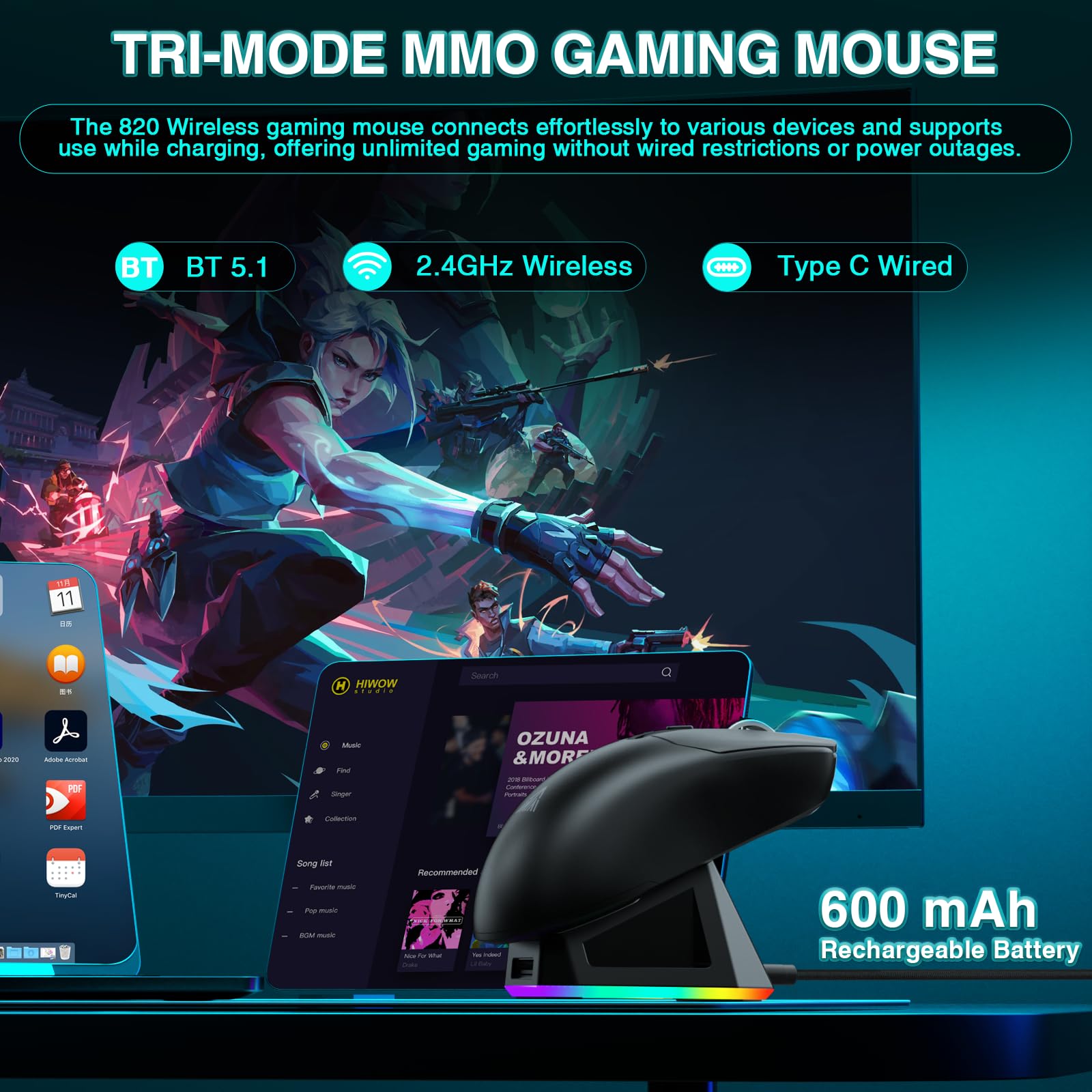 SM820 Wireless Gaming Mouse with RGB Charging Dock,24000 DPI Tri-Modes Wireless Mouse with 2 Side Buttons,Programmable Macro Mouse for Gaming(Black)