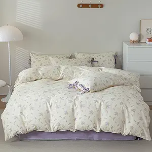 VM VOUGEMARKET King Duvet Cover Set,3 Pieces Purple Floral Duvet Cover with 2 Bow Ties Pillowcases 100% Cotton Lavender Flower Bedding Set-King,104x90 Inch