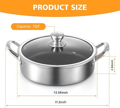 Miniatura 2 de Sartén de Acero Inoxidable de 7QT para Saltear de 14 Pulgadas con Tapa, Sartén Profunda Antiadherente, Sartén de Cocina de Inducción Híbrida,