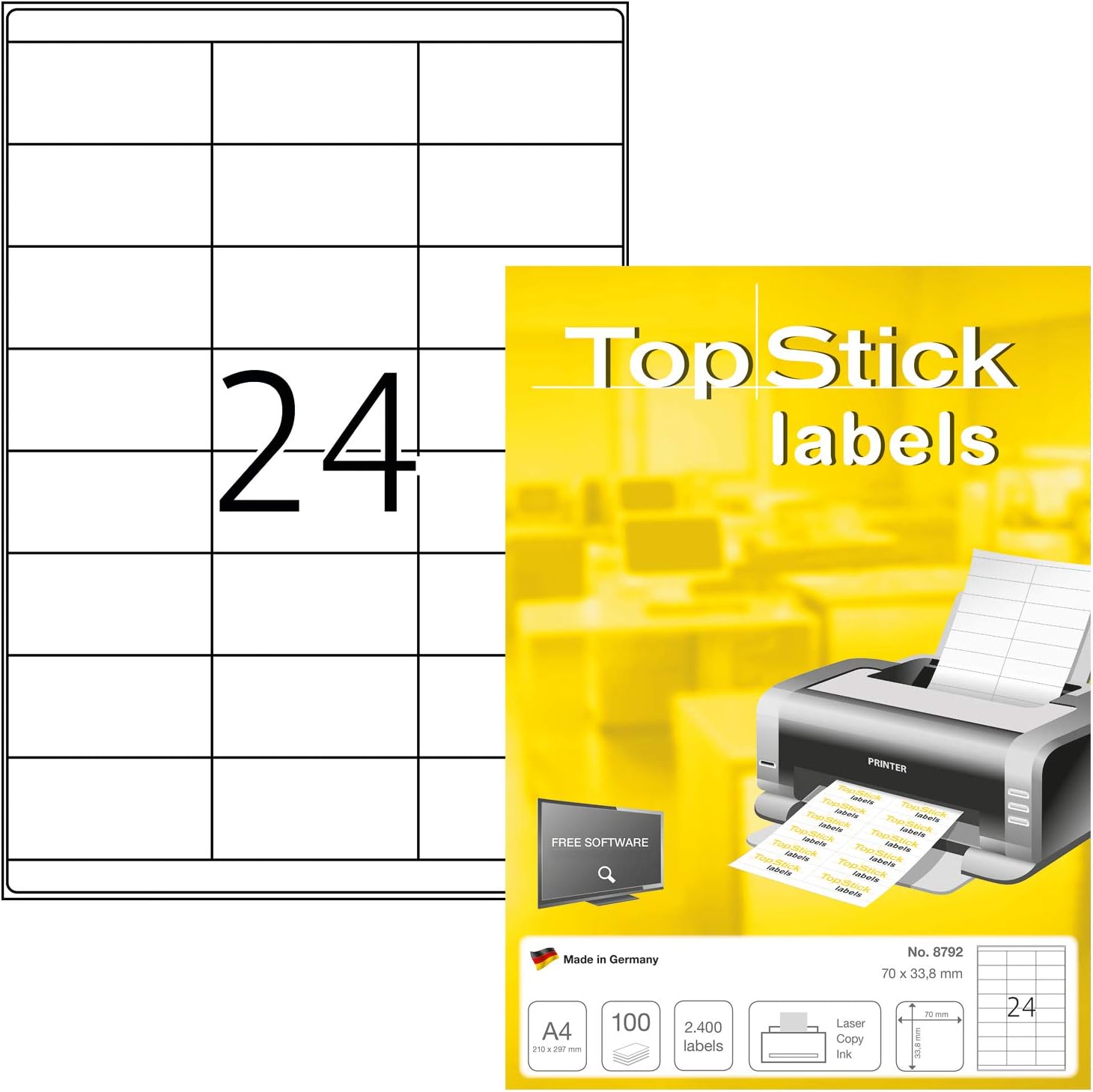 TopStick Self Adhesive Multi-Purpose Labels, 24 Labels Per A4 Sheet, 2400 Labels for Laser and Inkjet Printers, 70 x 33.8 mm (8792)