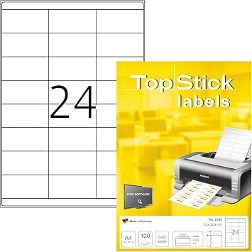 TopStick Self Adhesive Multi-Purpose Labels, 24 Labels Per A4 Sheet, 2400 Labels for Laser and Inkjet Printers, 70 x 33.8 mm 8792