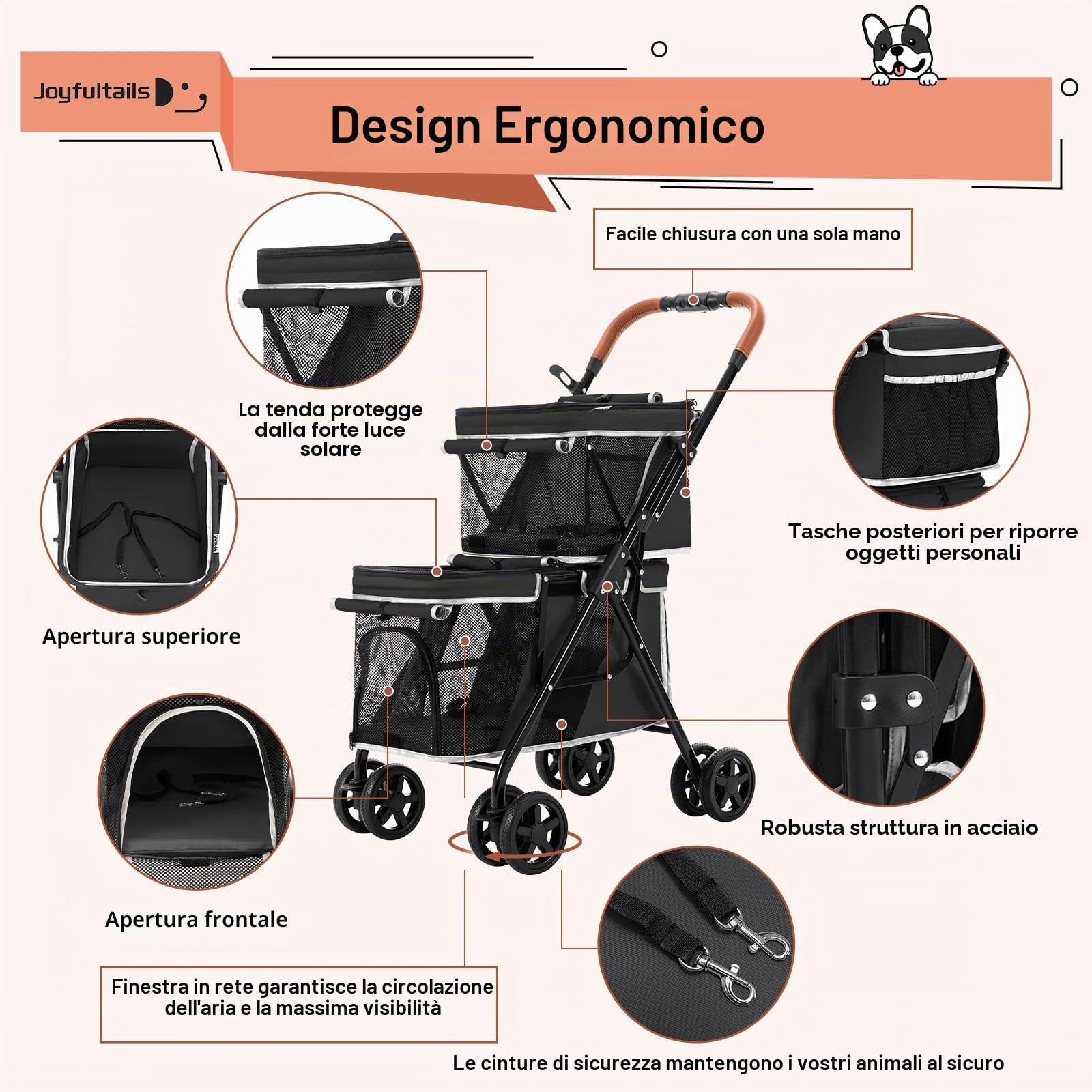 Passeggino per Cani Gemellare 20kg Capacità [Pieghevole 1 Secondo] Carrello per Animali con 4 Ruote con Freni e Struttura Ventilata per Taglia Media, nero