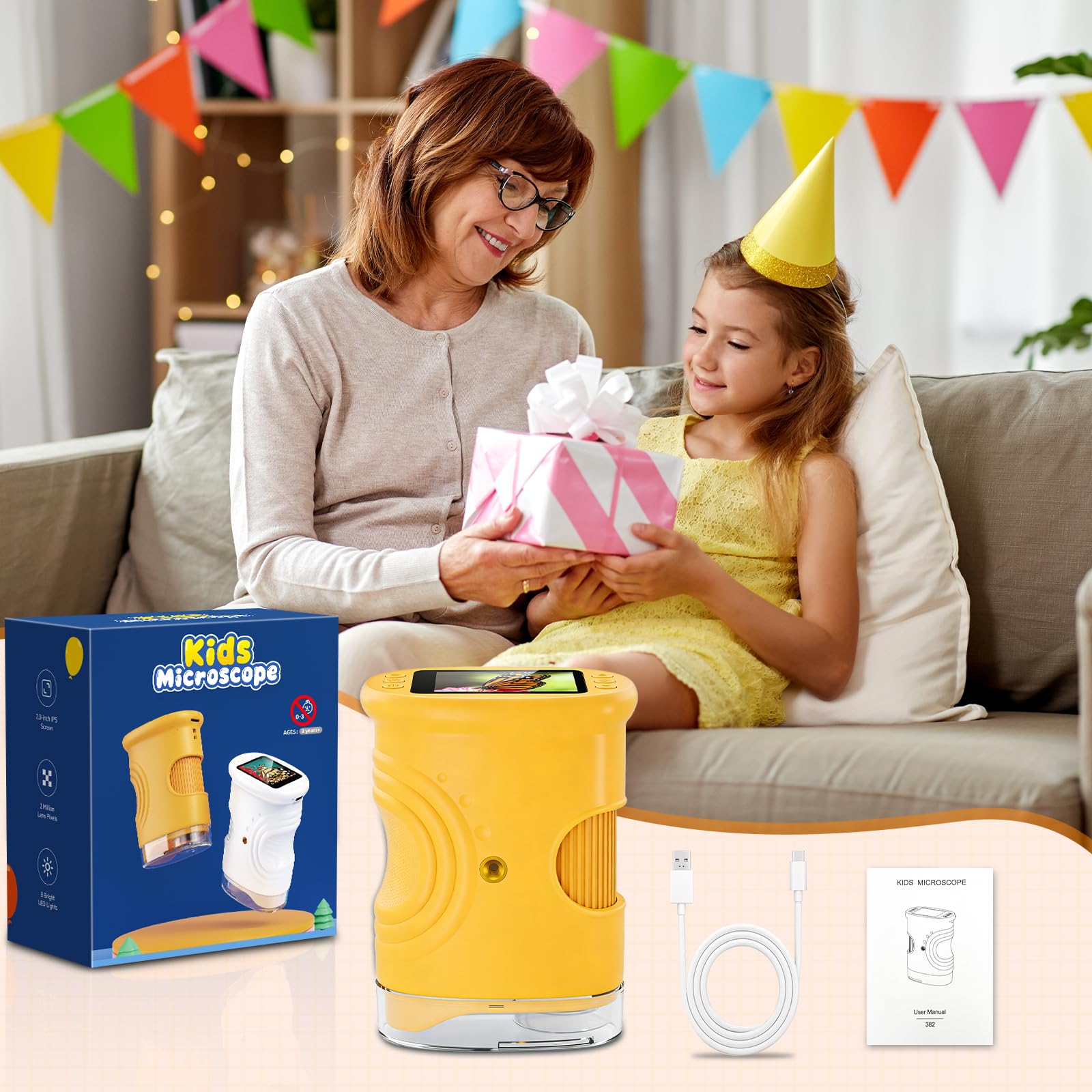 Numérique pour Enfants 1000X, 2.0 Pouces Microscope Enfant, 8 LED, USB Rechargeable, Jouet Scientifique et Éducatif, Sciences de Plein air pour Les 3 Ans et Plus, garçons et Filles