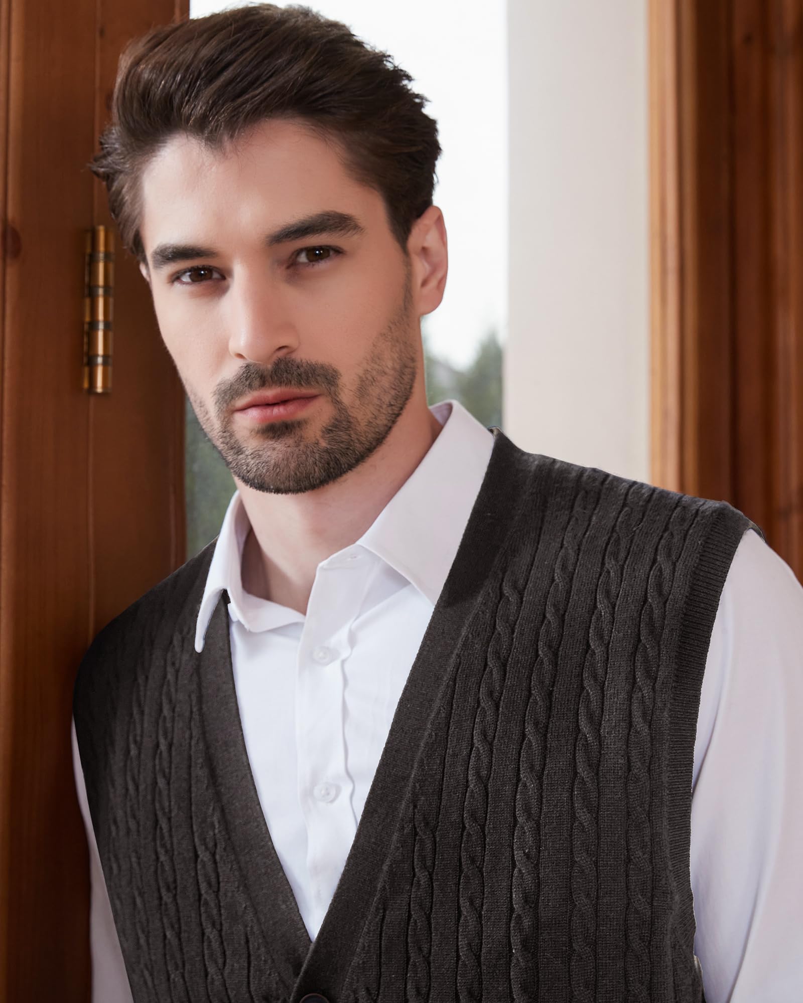 Kallspin Maglione Cardigan da Uomo con Scollo a V e Lavorazione a Cavo con Bottoni in Misto Lana