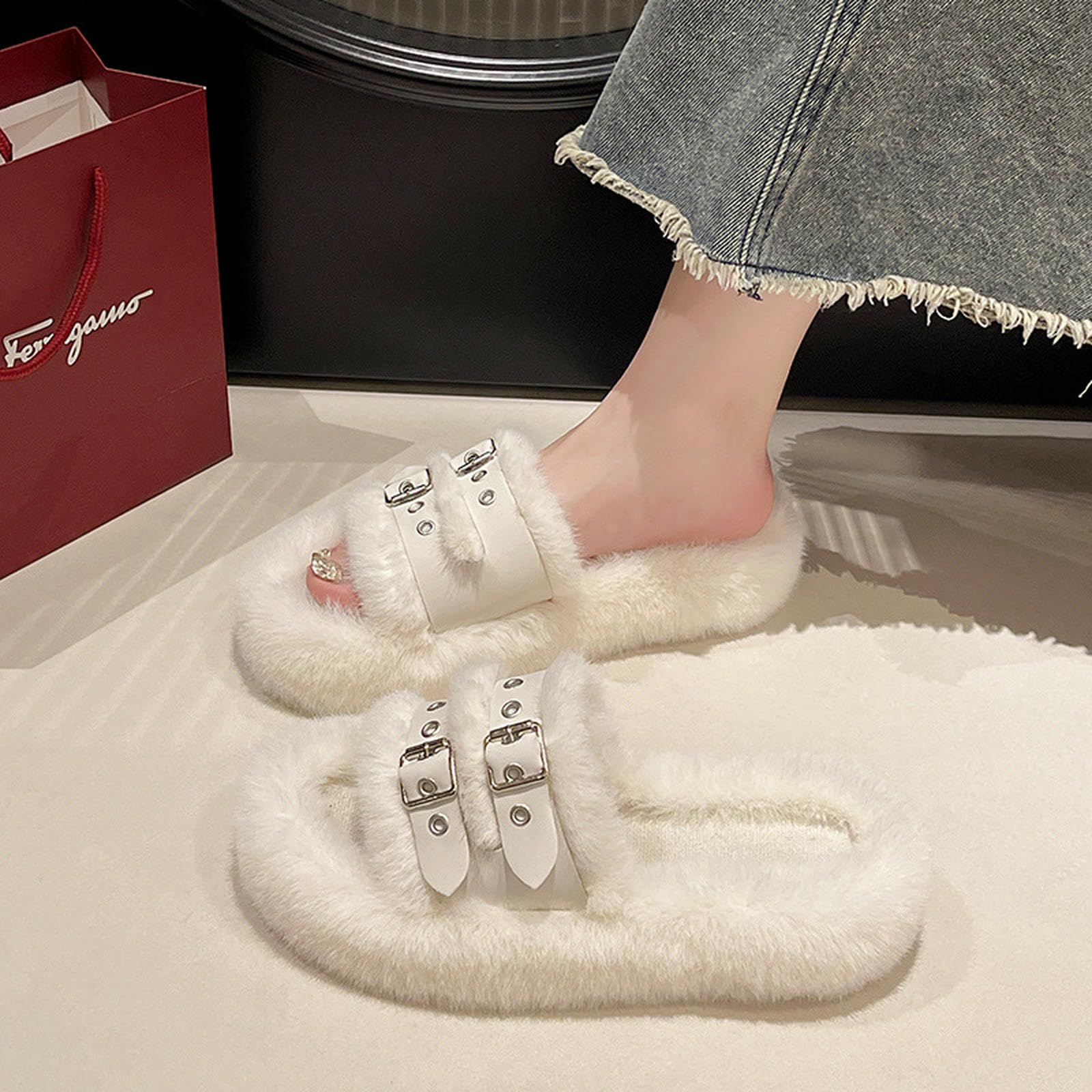 Pantofole Donna in Peluche da Donna, Stile Fibbia, Peluche, Fodera Pelliccia Sintetica-Marrone Chiaro-40