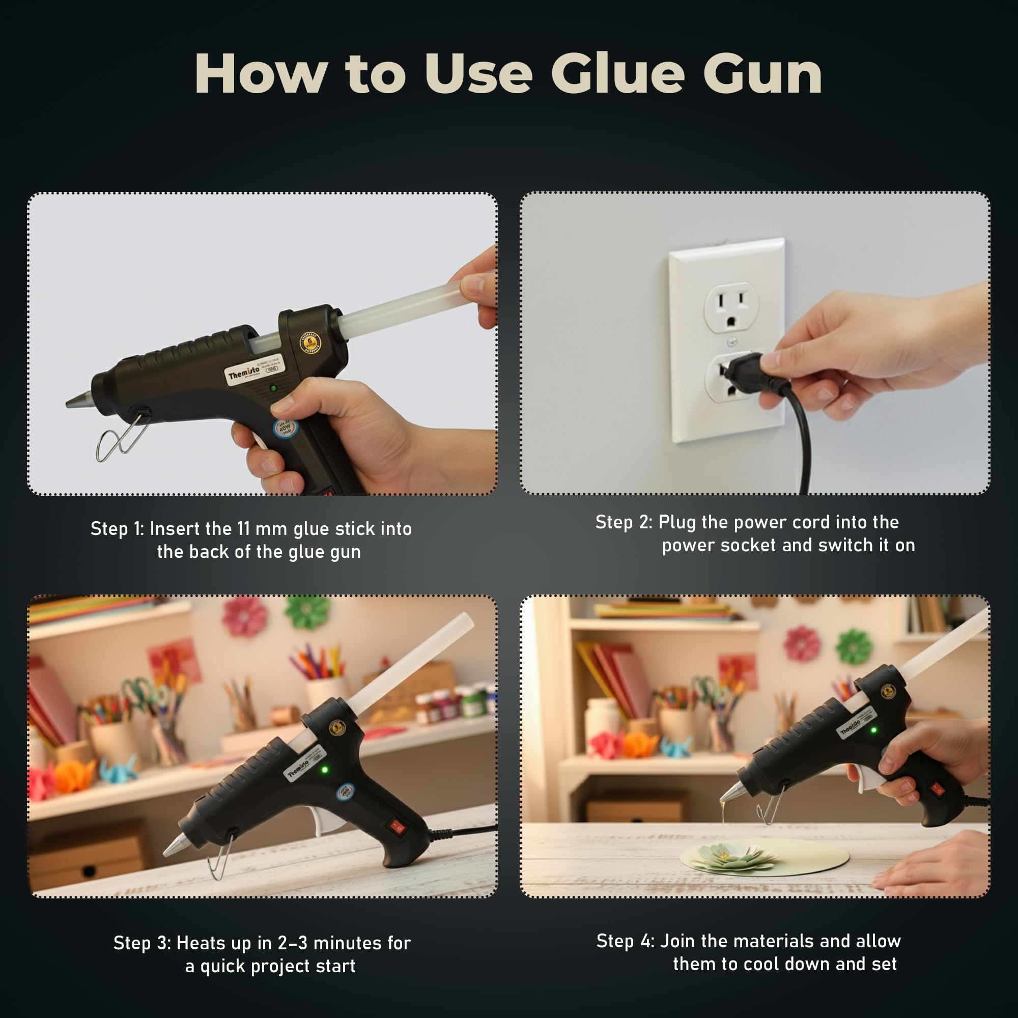 THEMISTO - built with passion Glue Gun With Glue Sticks 40W Hot Melt With Anti Drip For Arts And Crafts,Diy Projects|Leak Proof Glue Gun With Strong Gumming Glue Sticks(10 Pc Glue Sticks,Black) 1