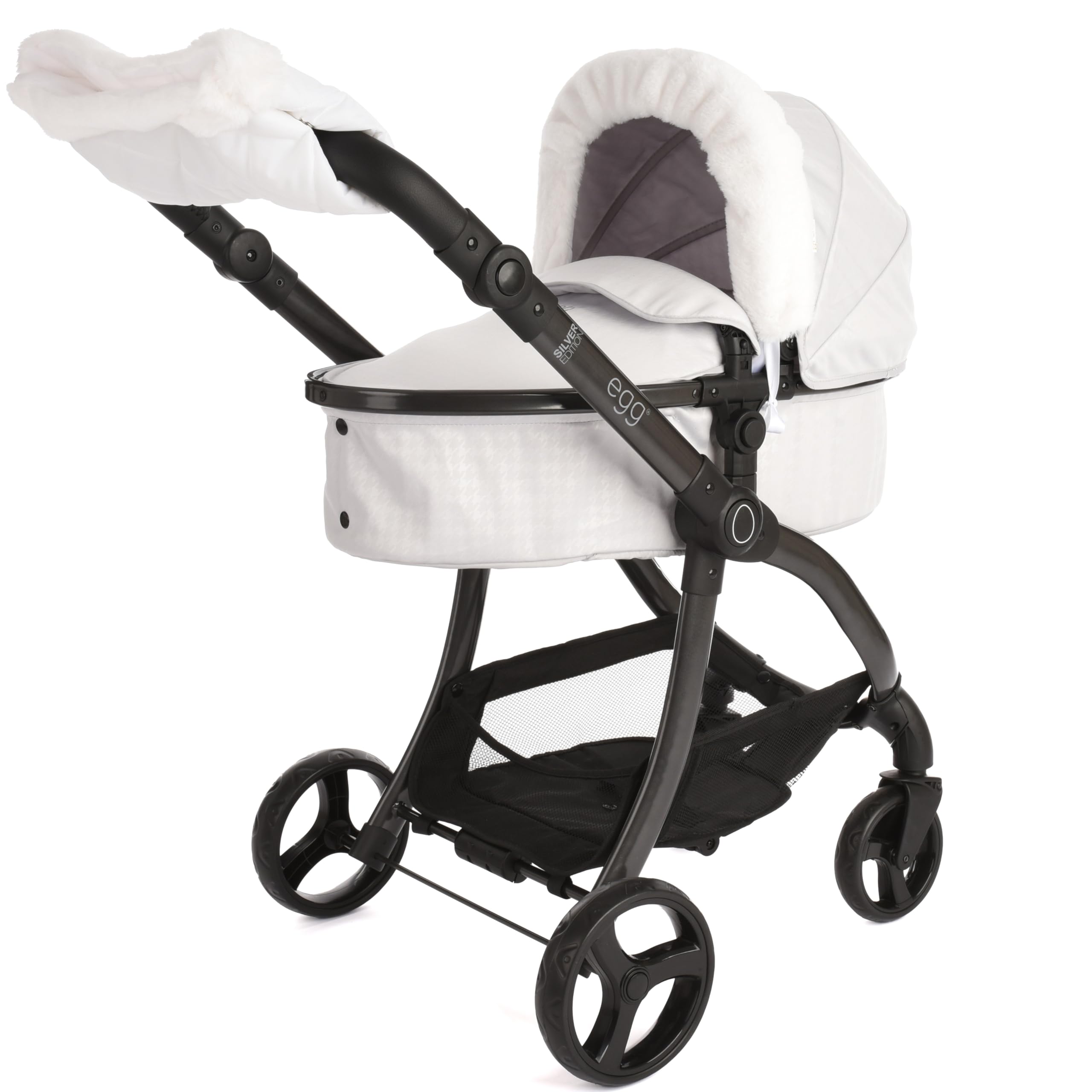 Roma egg 2 in 1 Baby Spielzeug Puppen Kinderwagen - Hahnentritt Silber Spielzeug Kinderwagen mit verstellbarem Griff, Kakao-Kunstleder, 3-Punkt-Gurt, Leichter Rahmen, Perfekt für Reborns & Teddies