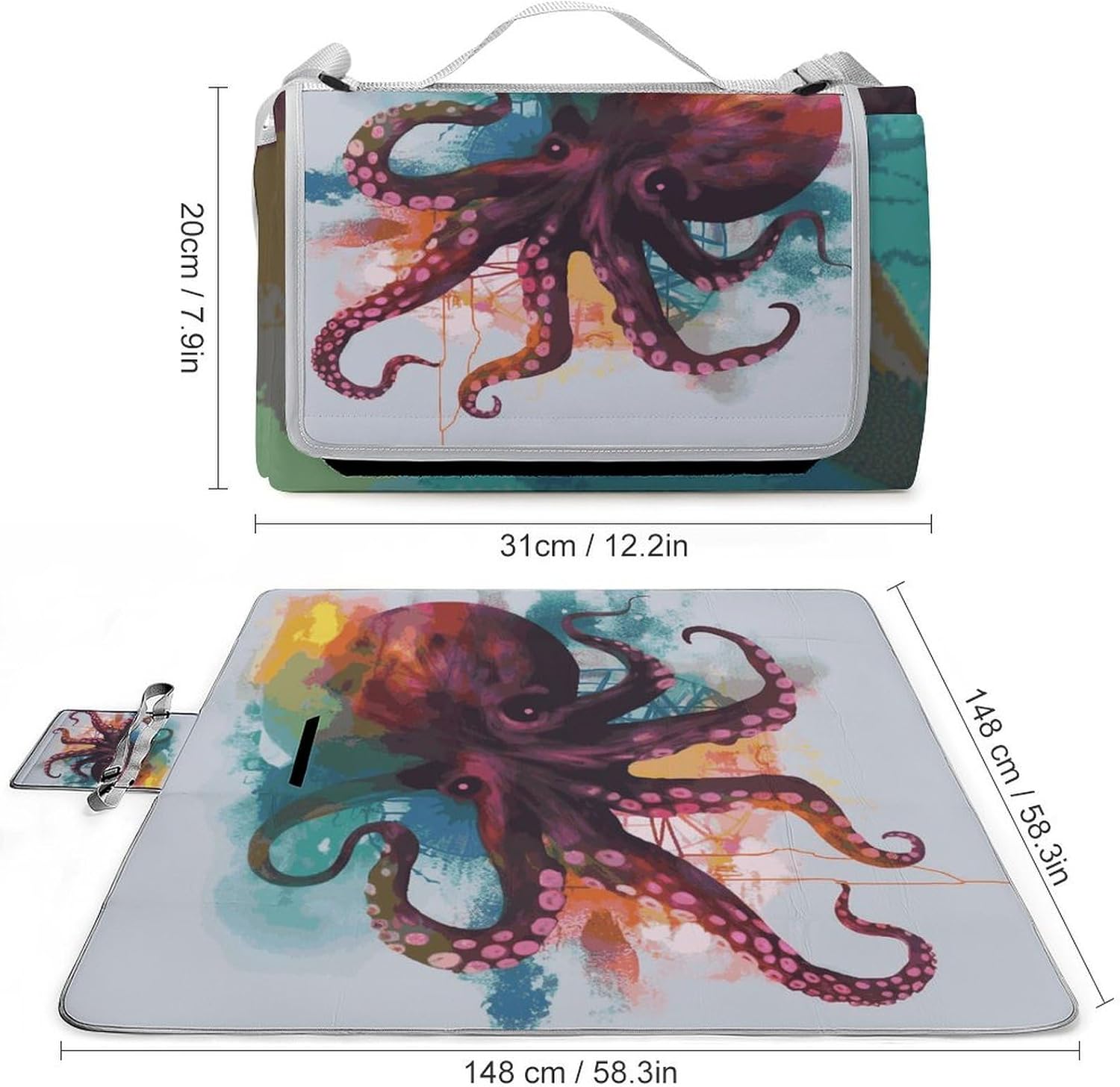 Abstract Colorful Octopus Waterproof Picnic Blanket 58.3''x58.3'',Portable and Foldable Picnic Mat with Handle,Outdoor Blankets for Lawn Park Beach Travel