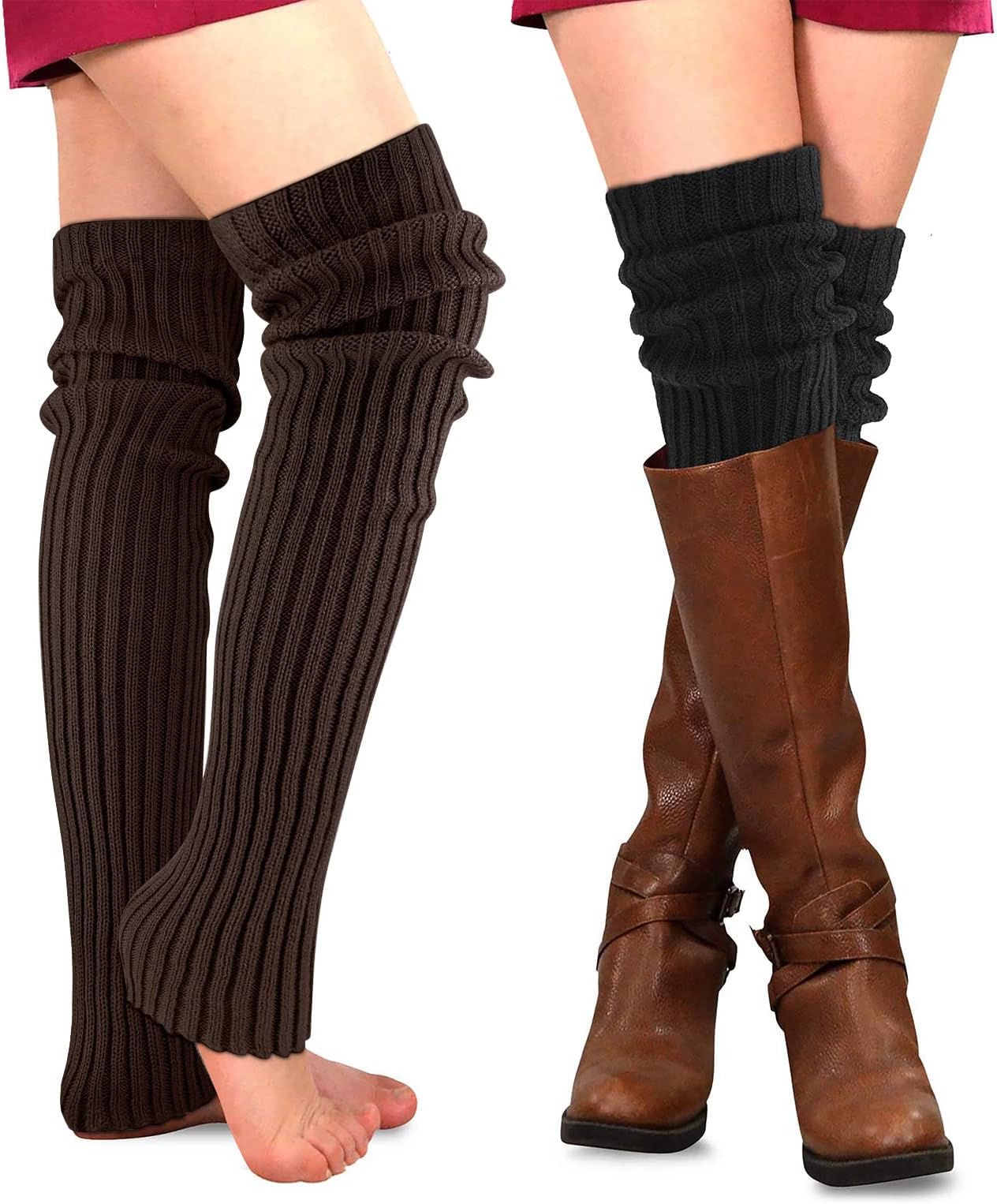 2 Pairs Winter Leg Warmers for Women, Thigh High Over Knee Footless Socks, Crochet Knitted Long Boot Cuffs, Boot Topper for Girls