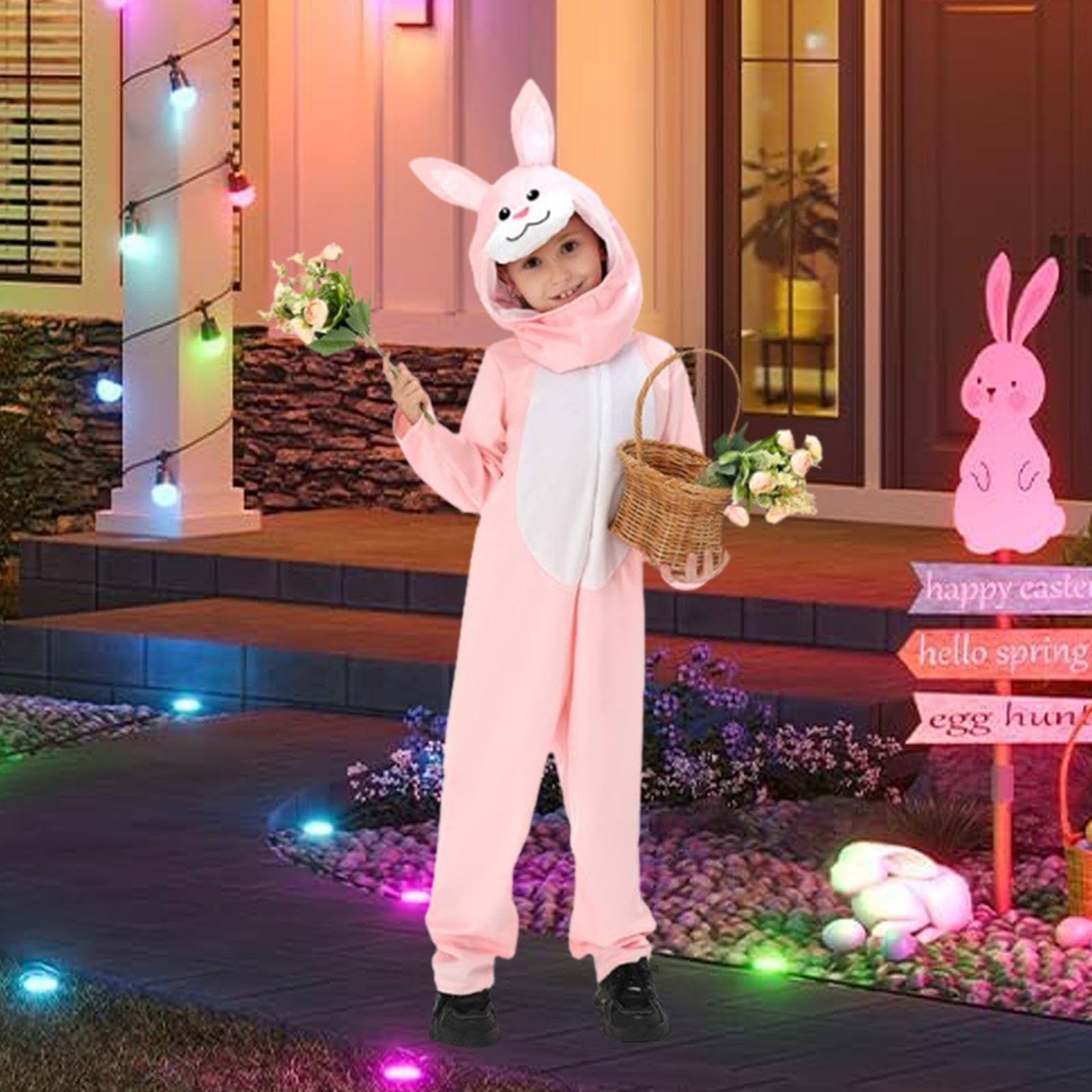 Costume Lapin de Pâques Ensemble Complet Enfant Tenue Bunny Jumpsuit Confort Polyestér Convient pour Fête Déguisée Spectacle École Maison, Rose, L