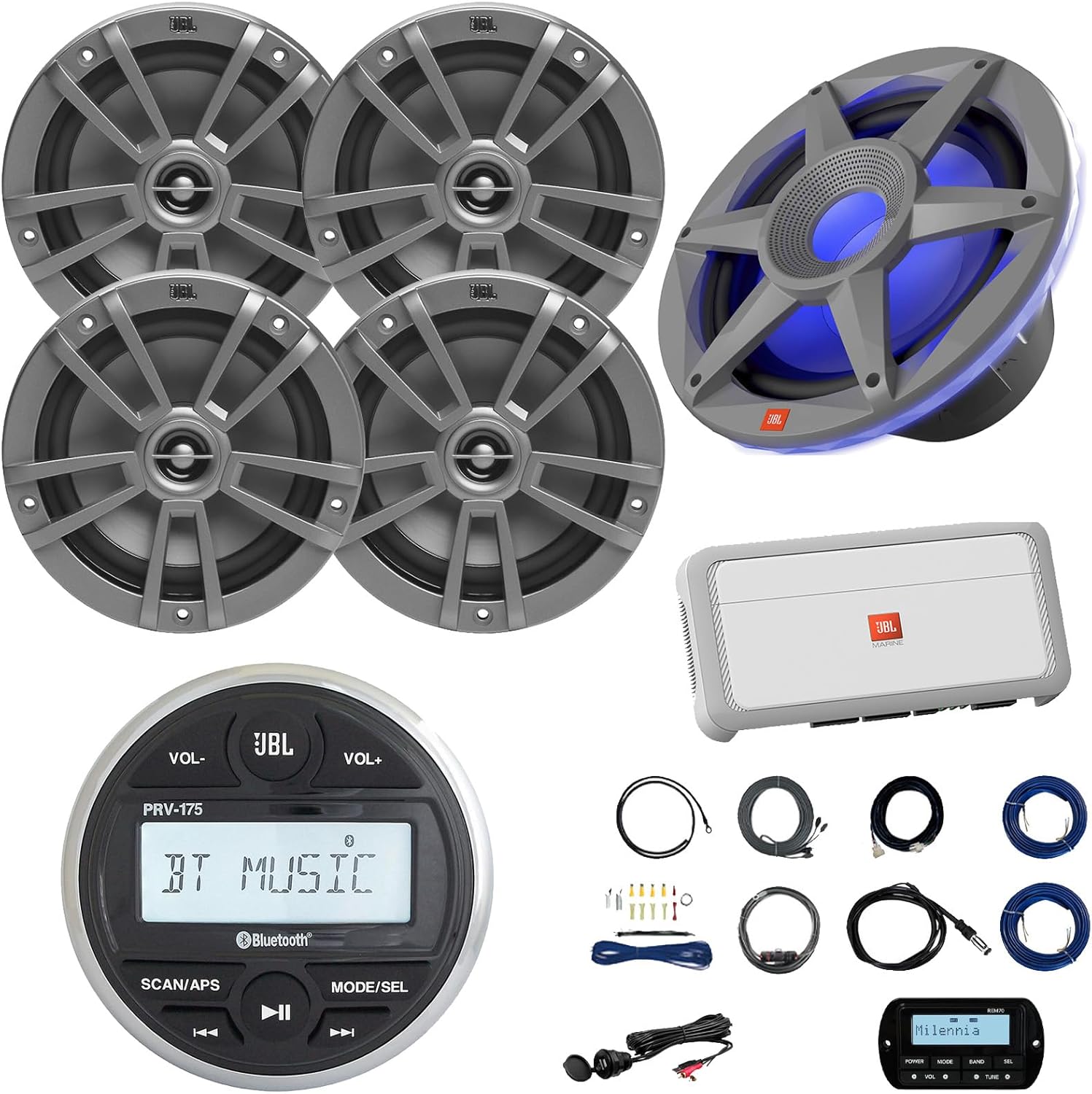 JBL PRV-175 Marine Gauge Hole Mount USB Bluetooth AM/FM Digital Stereo Receiver, Wired Remote, Cable, 4X 6.5 180W Max Gray Speakers, Wire, 10" Subwoofer, 5-CH Amplifier, Kit, Antenna, AUX/AUX Adapter