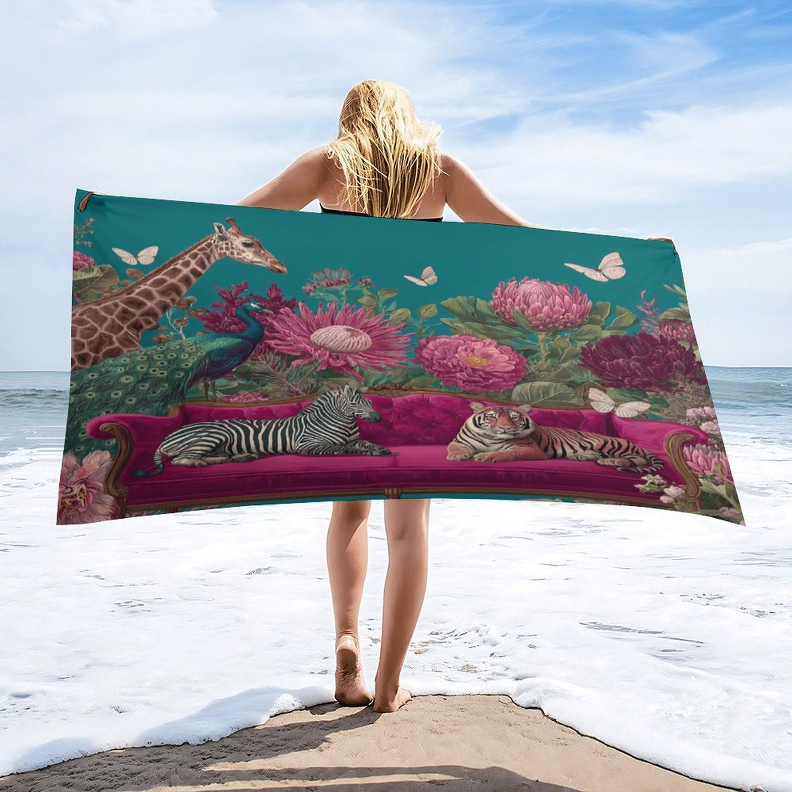Luyysky Classic Rustic Tiger Giraffe Quick-Drying Beach Towel, Retro Oil Painting Tropical Animal Zebra Peacock Butterflies Floral Travel Vacation Single Sided Pile Bathroom Towels-80"W Cm X 160"L Cm