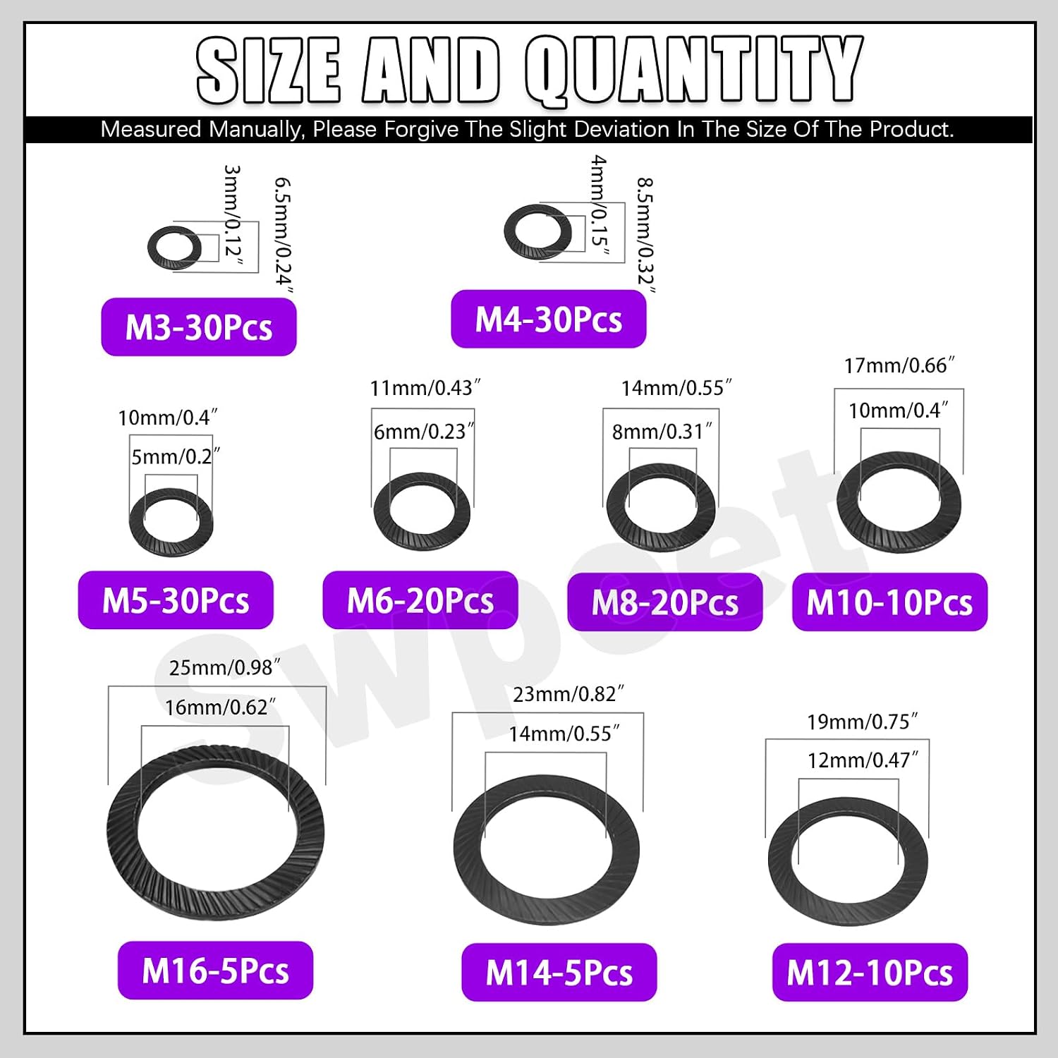 Swpeet 160Pcs Black M3 M4 M5 M6 M8 M10 M12 M14 M16 Mn Steel Double Side Tooth Lock Washer Assortment Kit, Tooth Locking Washer Gasket Double Serrated Spring Locking WasherFlat
