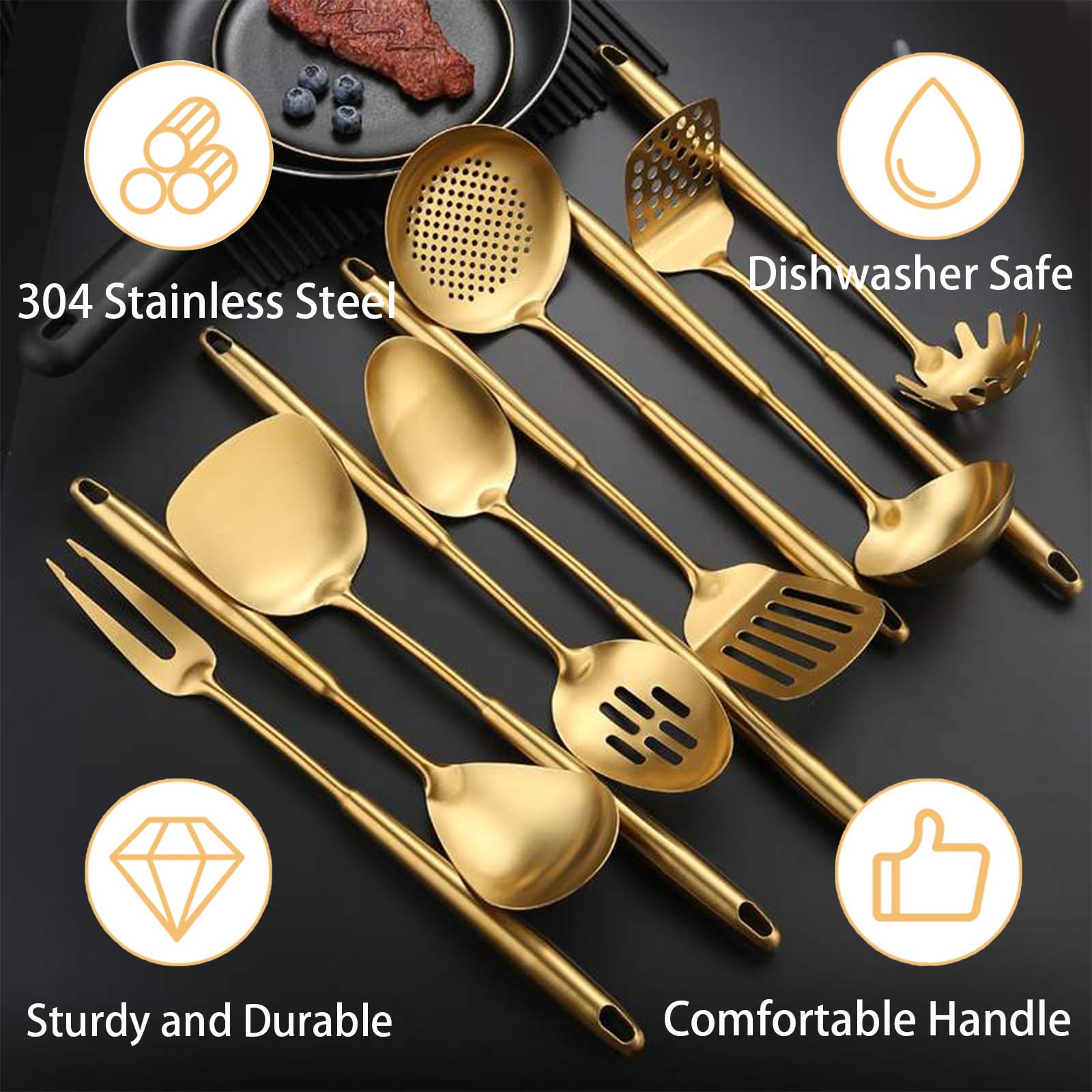 Set di utensili da cucina in acciaio inox, 10 pezzi, utensili da cucina dorati, schiacciapatate cucchiaio solido scanalato cucchiaio forchetta spatola mestolo schiumarola spatola scanalata Tunner