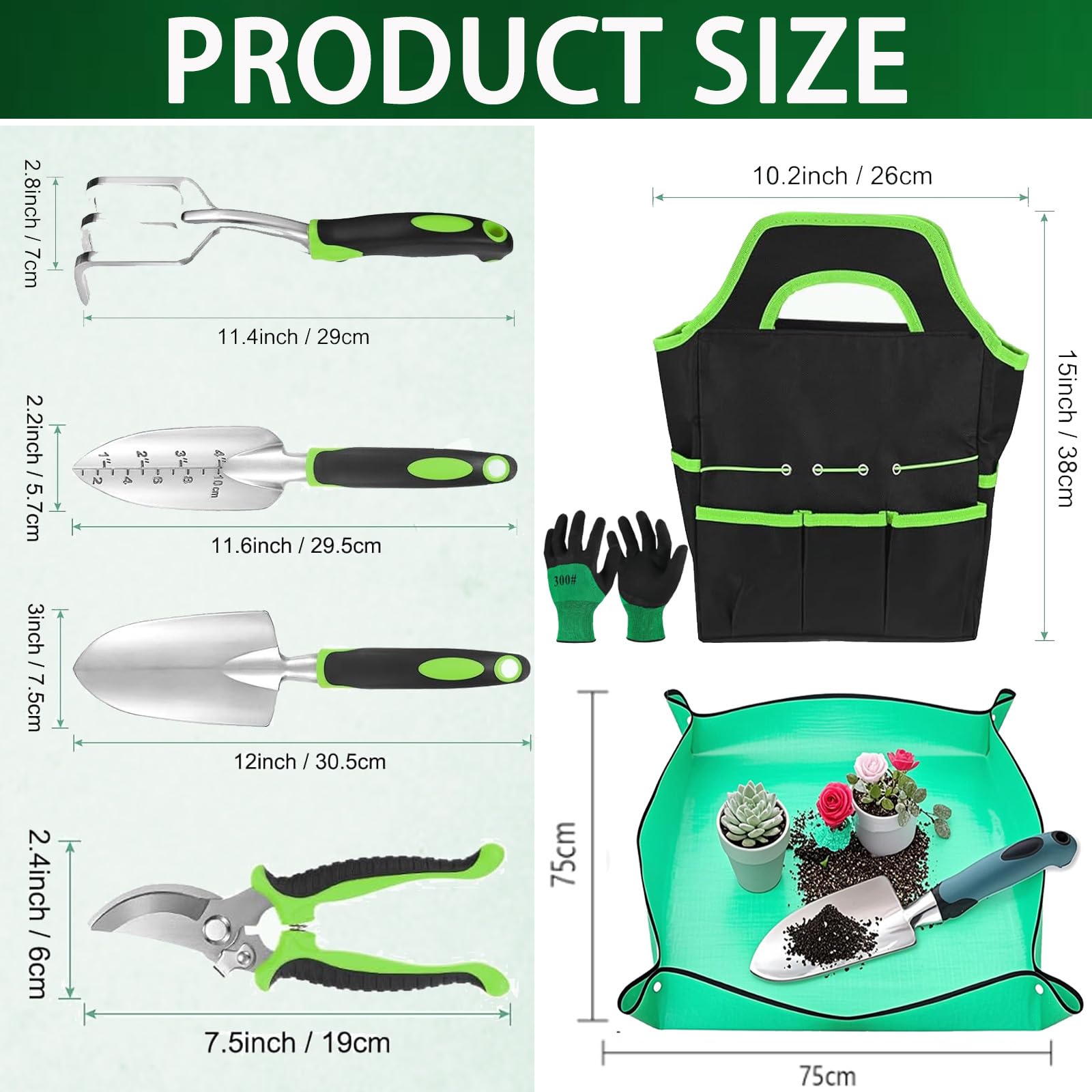 Herramientas de jardín, juego de 7 herramientas manuales de jardinería, juego de regalo de aleación de aluminio ligero a prueba de óxido con bolsa de almacenamiento duradera, mango ergonómico