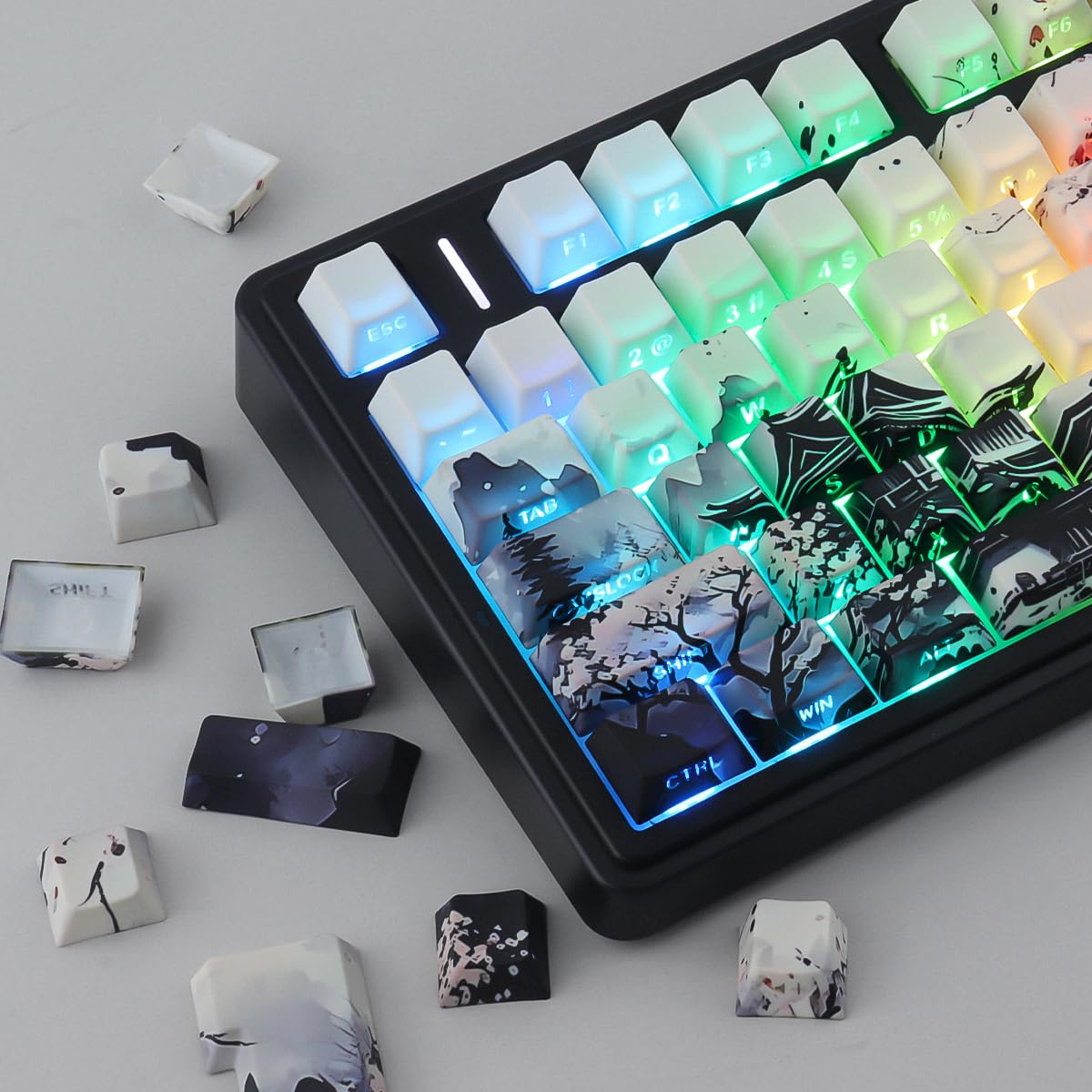 JakeTsai Nasadki klawiszy PBT 130 klawiszy Double Shot Bright Moon Night Keycaps, Shine Through Side Printed Keycap, Cherry Profile Dye Sublimation Custom Keycap for Cherry MX Switch Mechaniczne