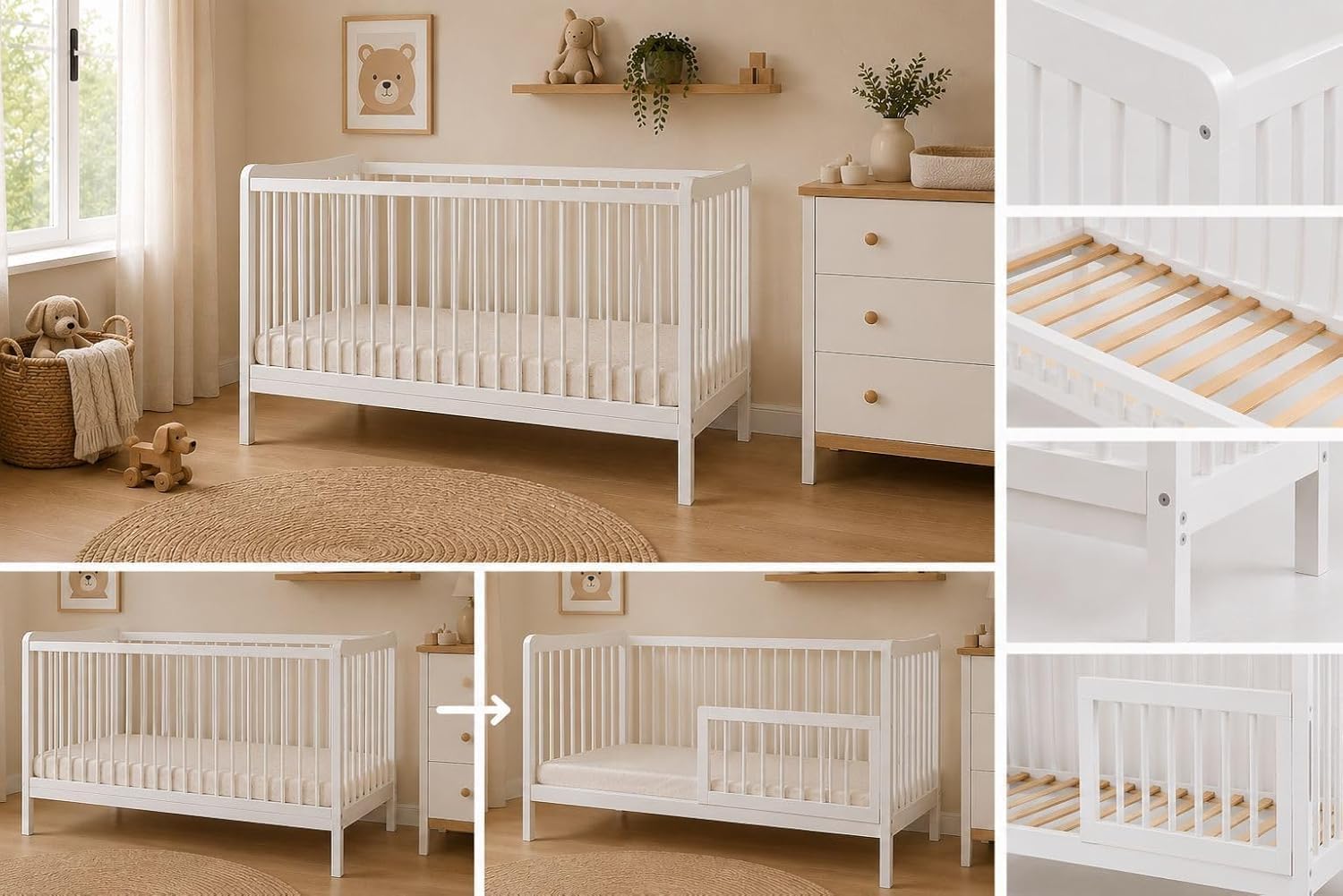 Kinderbett Sasha 120x60 cm aus Buchenholz, umbaubar zum Juniorbett mit Rausfallschutz, EN 716 geprüft, 3-Fach höhenverstellbar (Weiß)