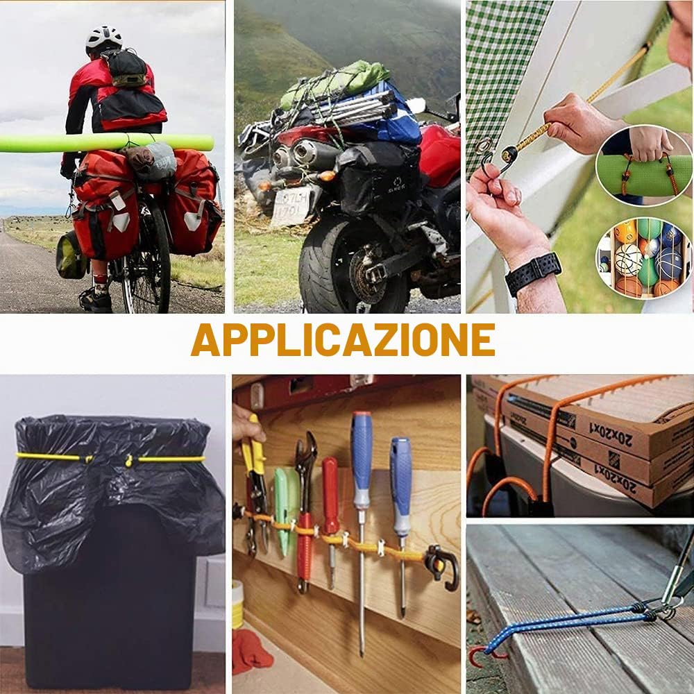Set 2 Pezzi Corda Cavo Elastico con Gancio in Metallo, Lunghezza 150 cm, Ganci Elastici Portapacchi, Auto e Bici, Ragni Elastici Militari, Fune, Rete Elastica, Bagagli