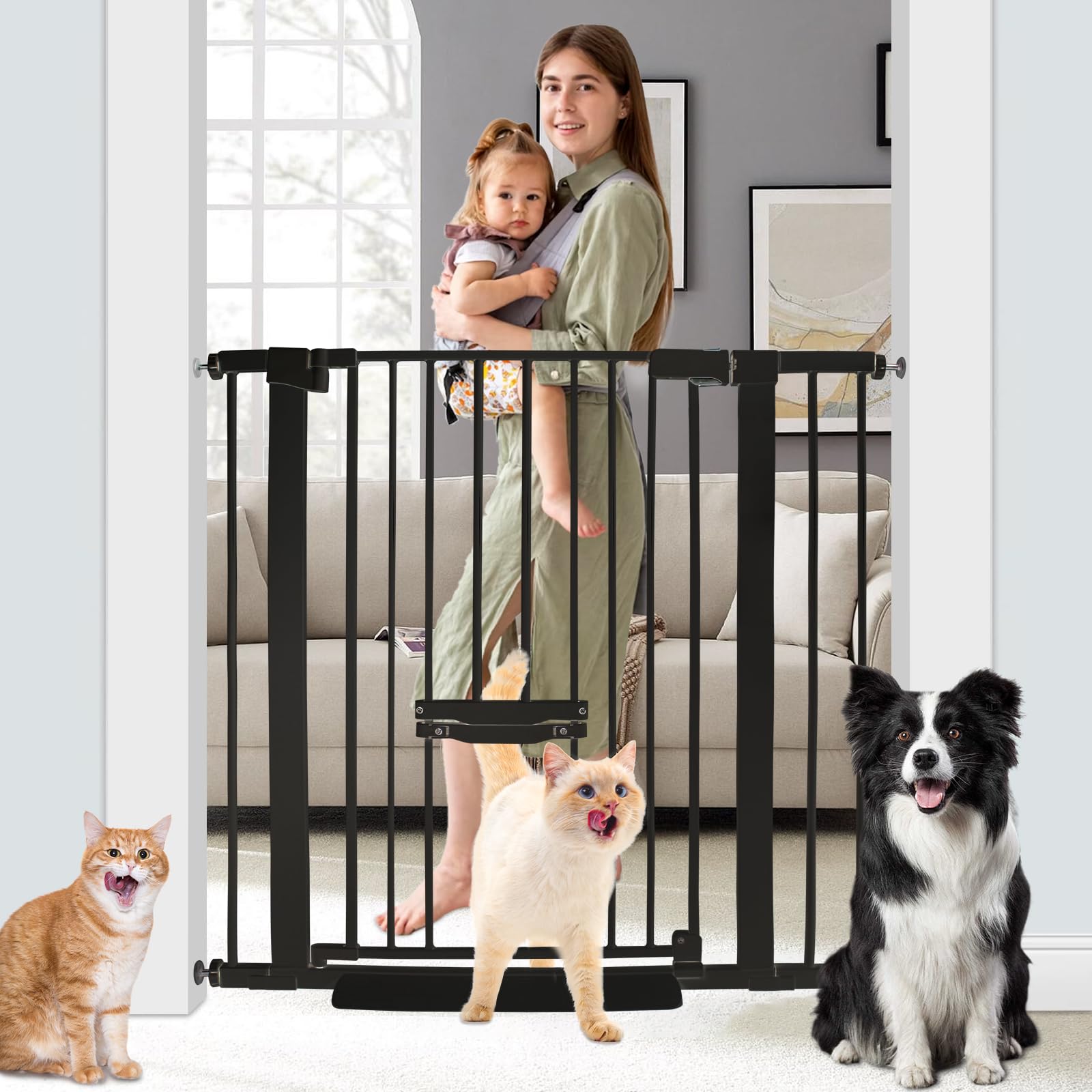SHYUJAJIE 37 Inch Tall Baby Gate with Small Cat Door, Adjustable 29.5" and -40.55",Auto Close Dog Gate Pet Gate Easy Walk Thru Pet Door for Stairs,