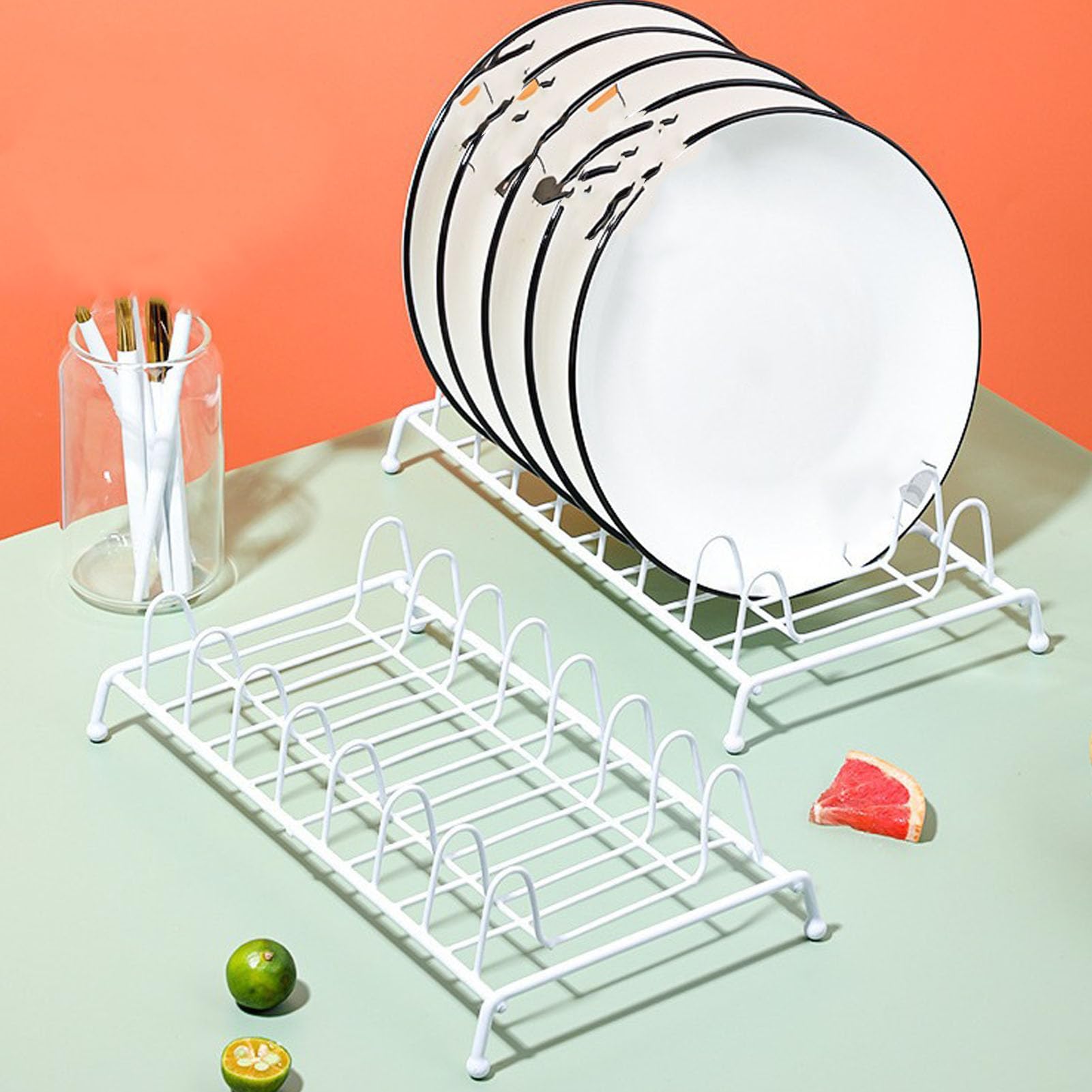 2Pcs Plate Holders Organizer, Upright Metal Dish Storage Dying Rack Dish Plate Storage Drainboard Alloy Steel Kitchen Pot Lid Holder for Cabinet Counter and Cupboard