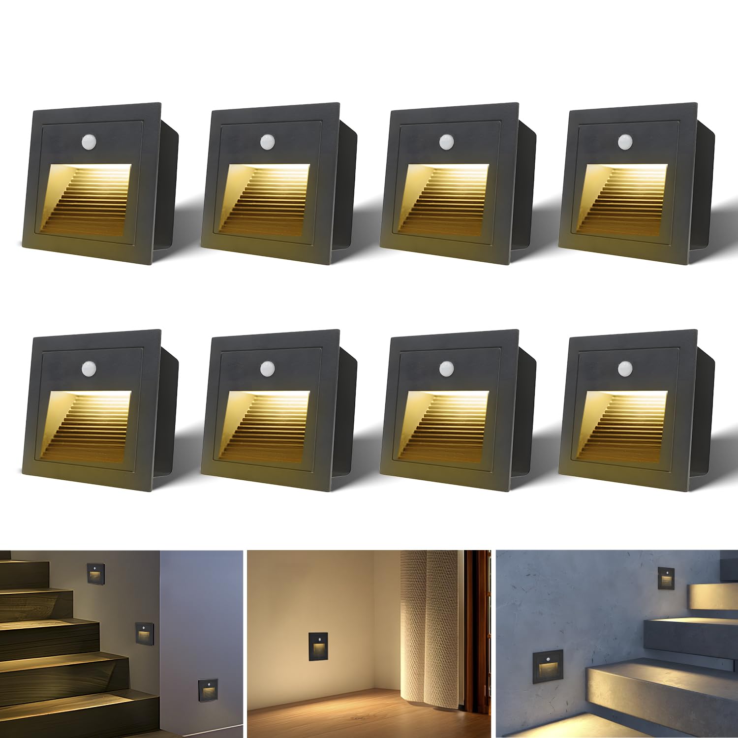Arotelicht 8er 3W LED Stair Light with Motion Sensor 3000K IP44 Recessed Wall Mounted Step Lighting Lamp, Indoor LED Spotlight, Black, Aluminium, 230V, Not Standard Size 60mm