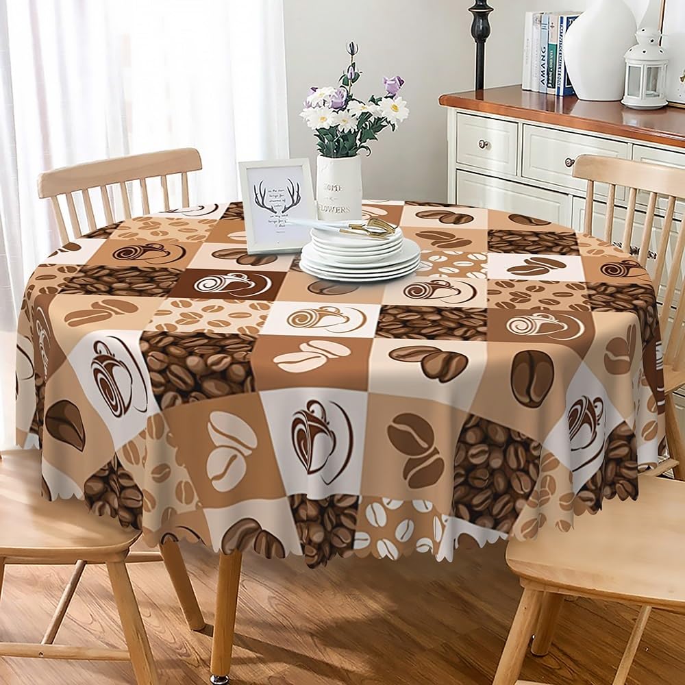 DORCEV Coffee Beans Round Tablecloths Coffee Cup Cartoon Sketch Retro Brown Plaid Printed Tablecloth Waterproof Spill Proof Fabric Table Cloth Cover