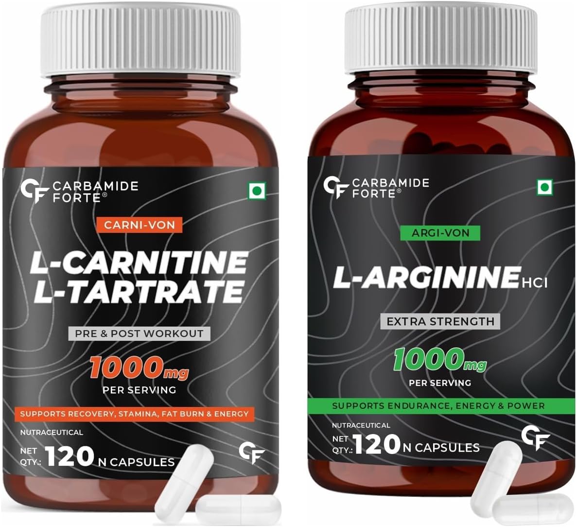 Carbamide Forte L Arginine 1000mg Supplement Per Serving - 120 Veg Capsules & L-Carnitine L-Tartrate 1000mg Capsules for Men & Women - 120 Veg Capsules