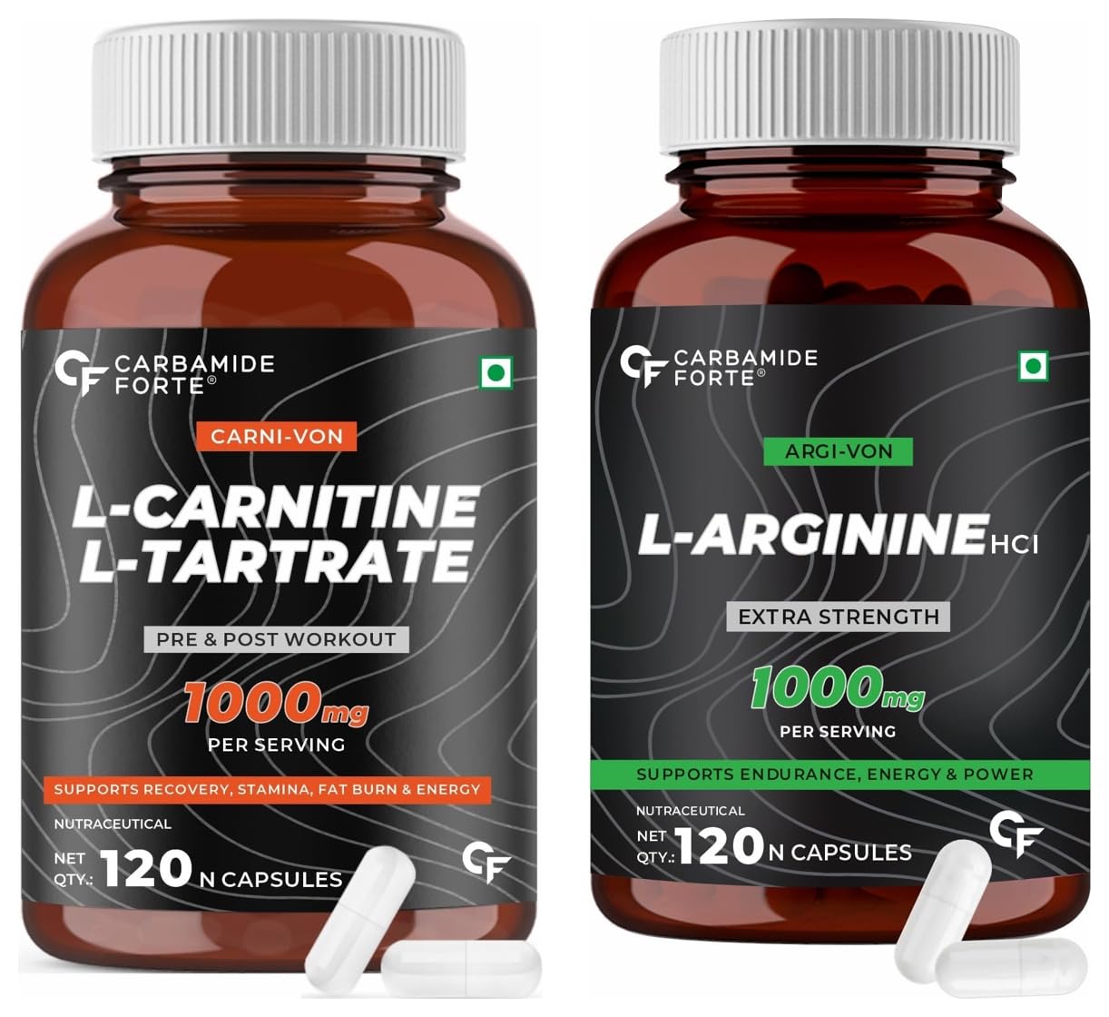 L Arginine 1000mg Supplement Per Serving - 120 Veg Capsules & L-Carnitine L-Tartrate 1000mg Capsules for Men & Women - 120 Veg Capsules