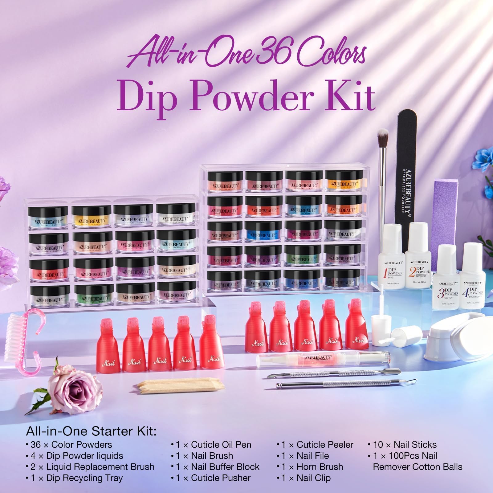 Amazon.com: AZUREBEAUTY 170Pcs Dip Powder Nail Kit Starter 36