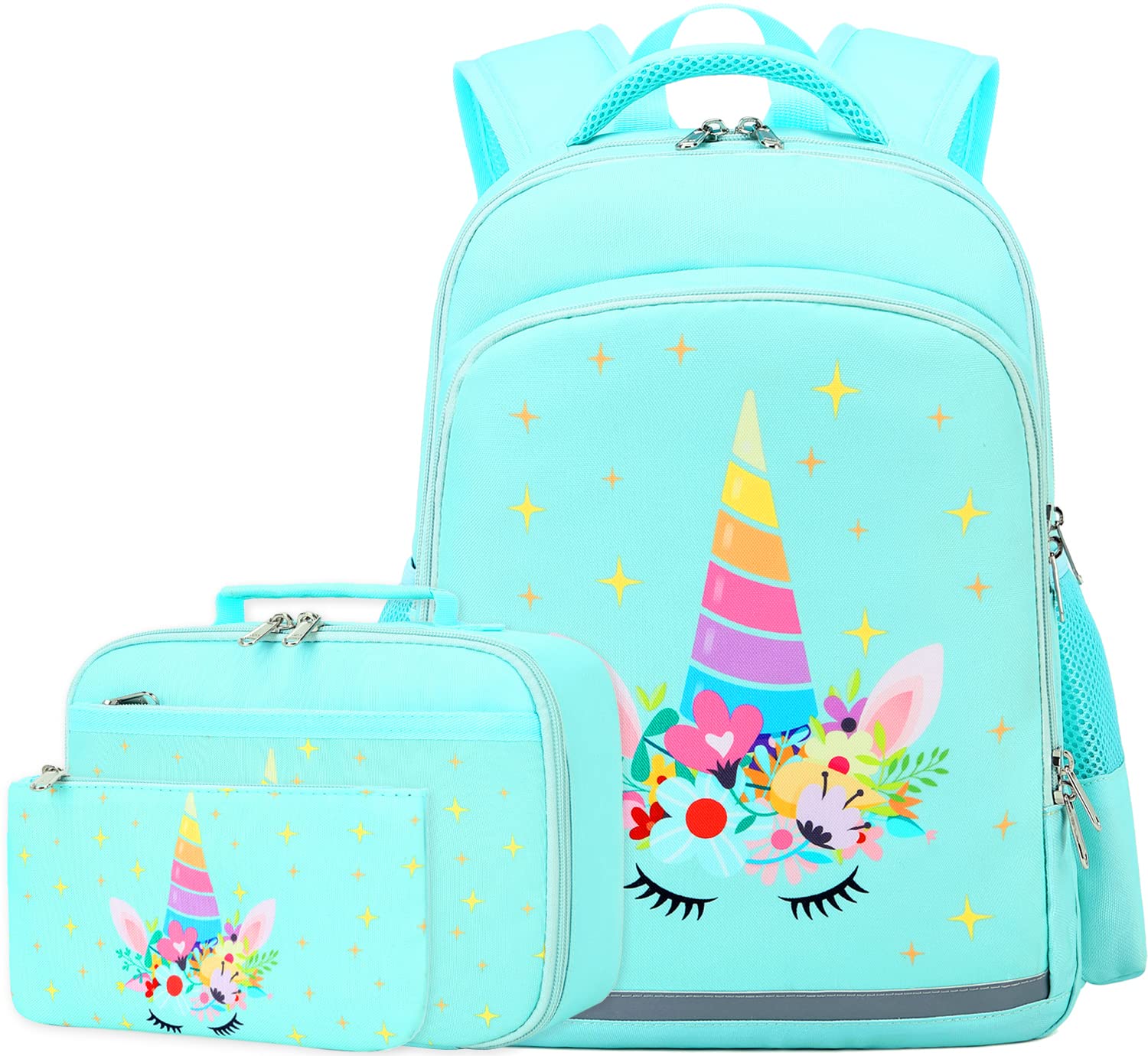 VanwilitGirls School Backpack Unicorn Backpack Water Resistant Lightweight Primary School Bag Set with Lunch Bag & Pencil Case 3 in 1 Kids Bookbag Casual Daypack (Green Unicorn)