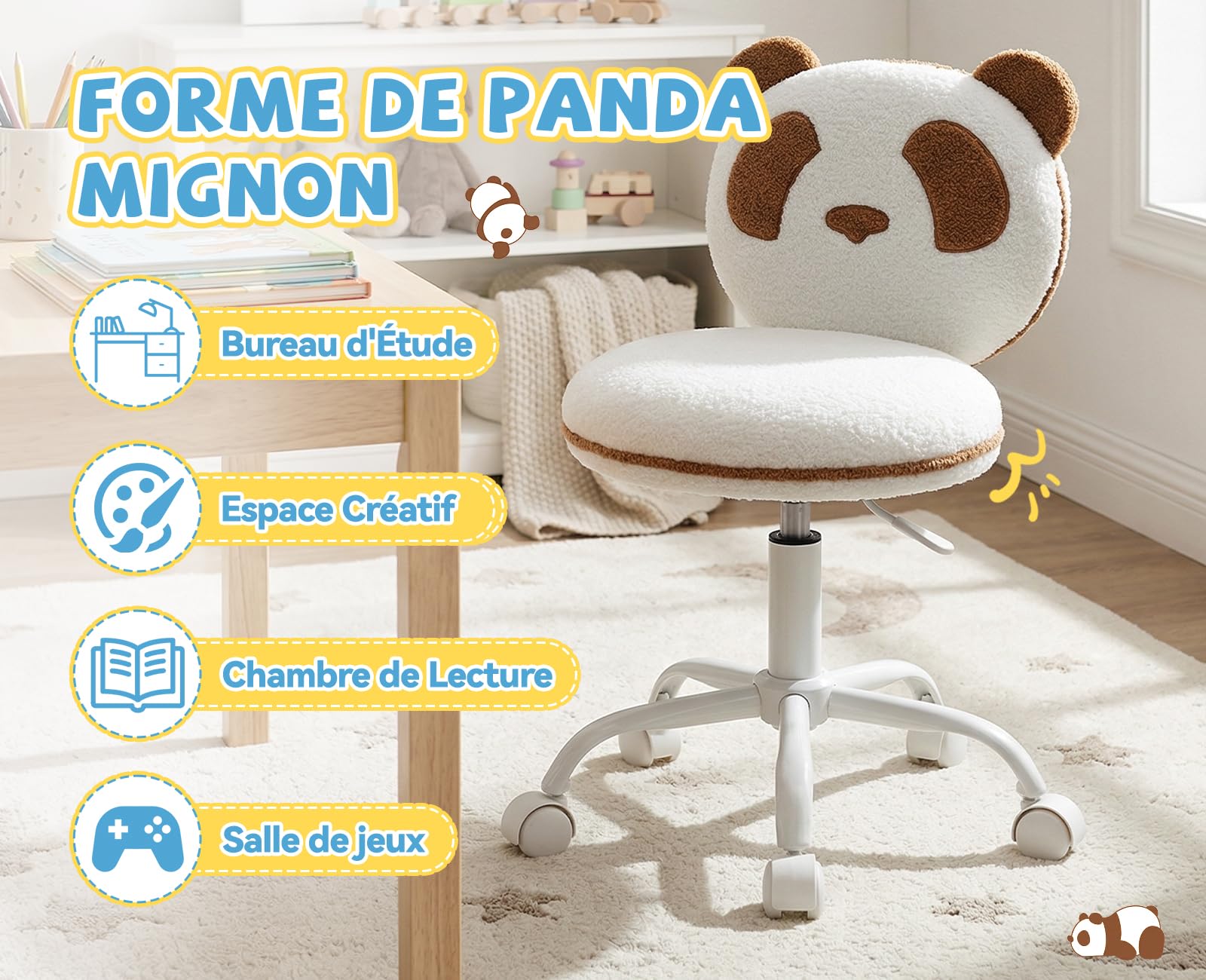 Chaise de Bureau Enfant Pivotante Chaise pour Enfants Réglable avec Motif Panda Fauteuil Ergonomique pour Étudier et Lire, Marron